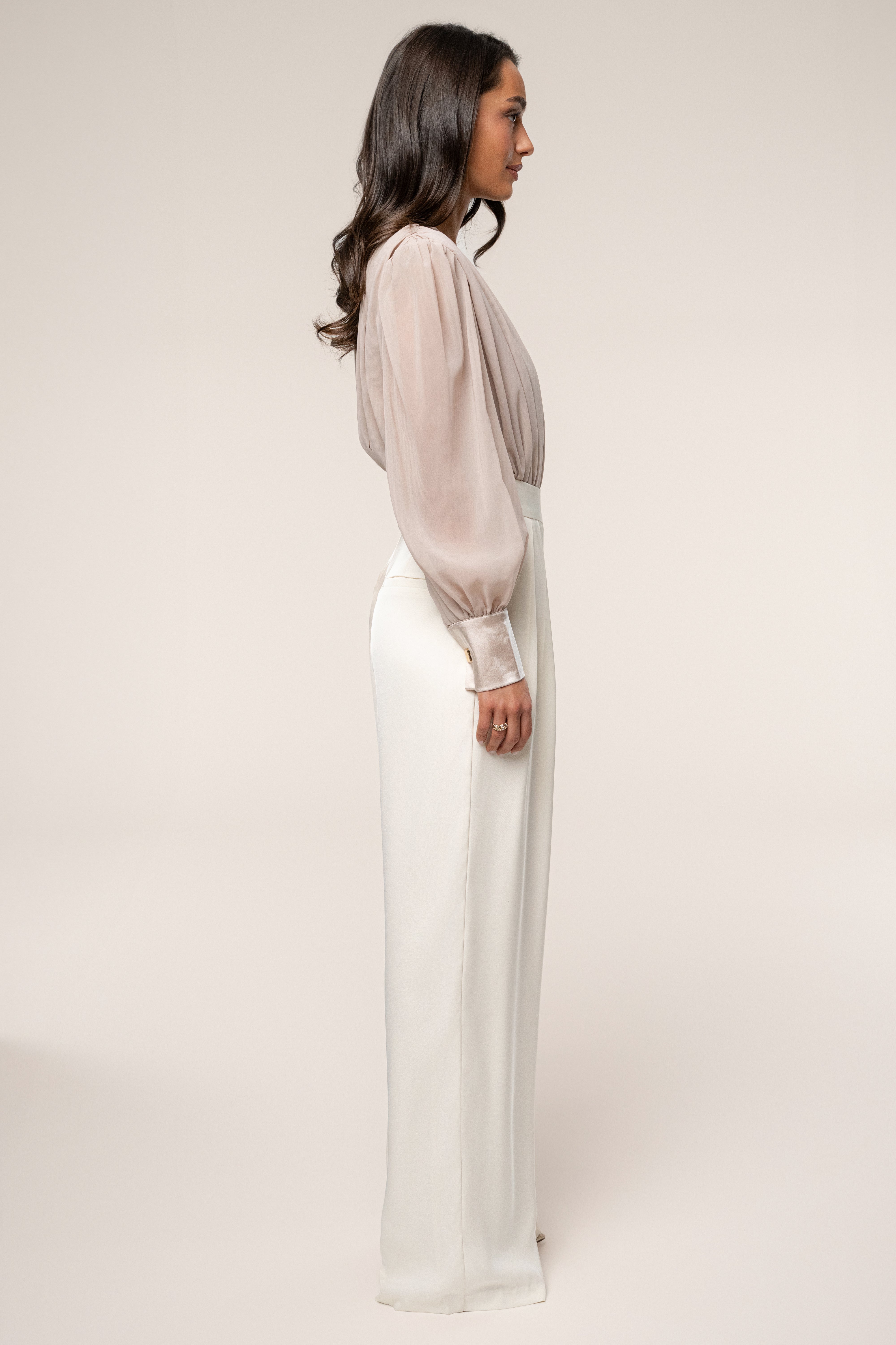 Beige Refined Pleated Chiffon Top