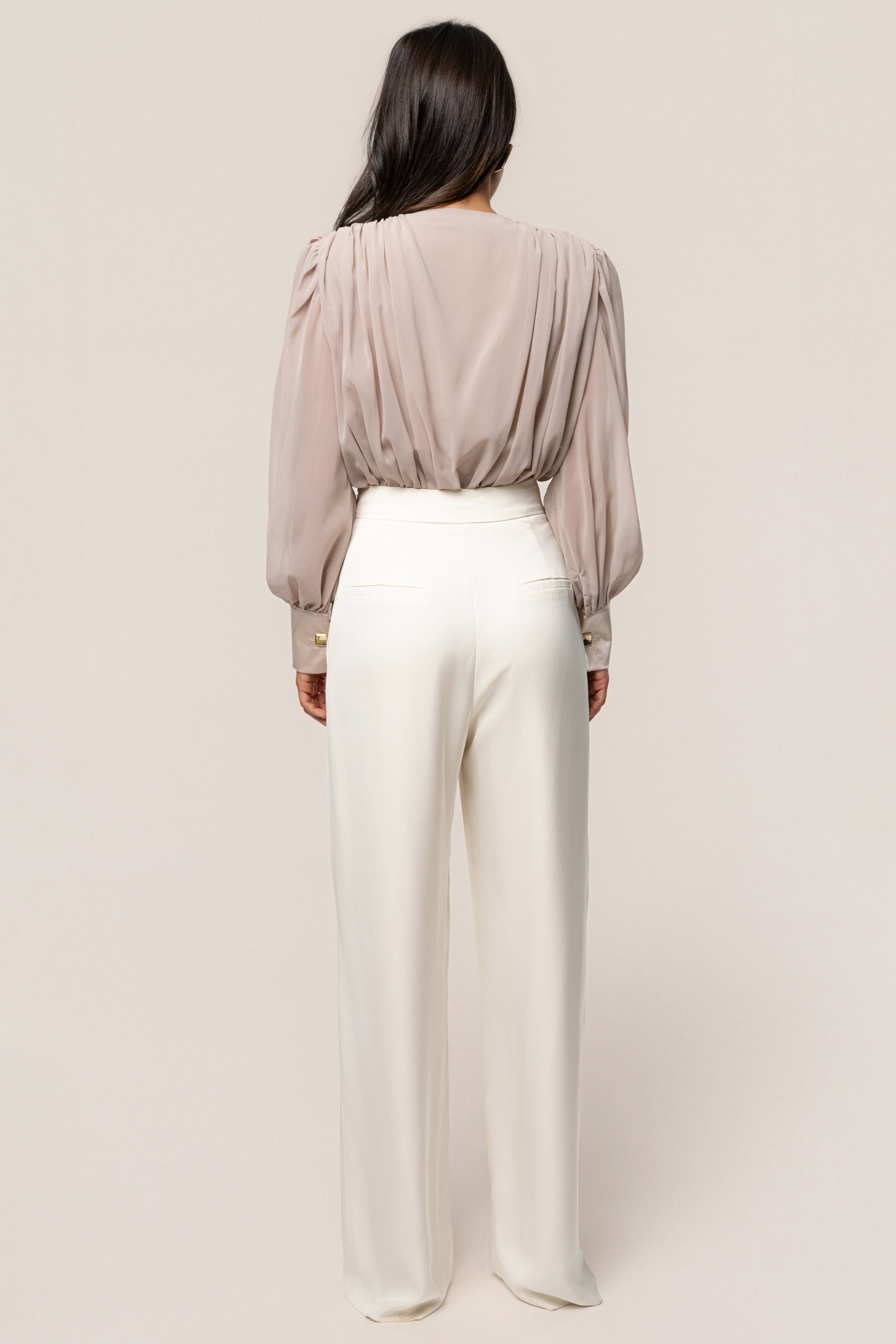 Beige Refined Pleated Chiffon Top