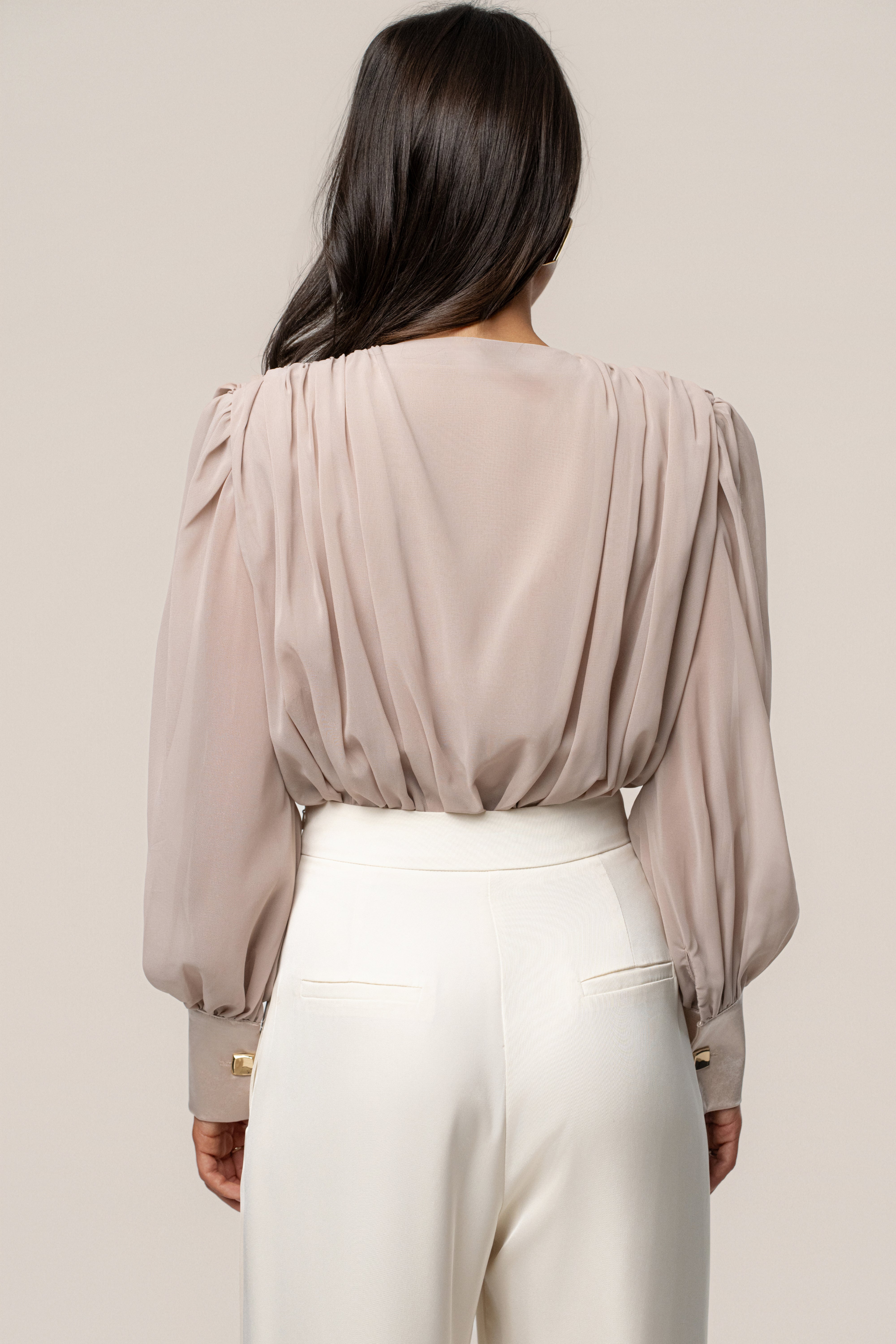 Beige Refined Pleated Chiffon Top