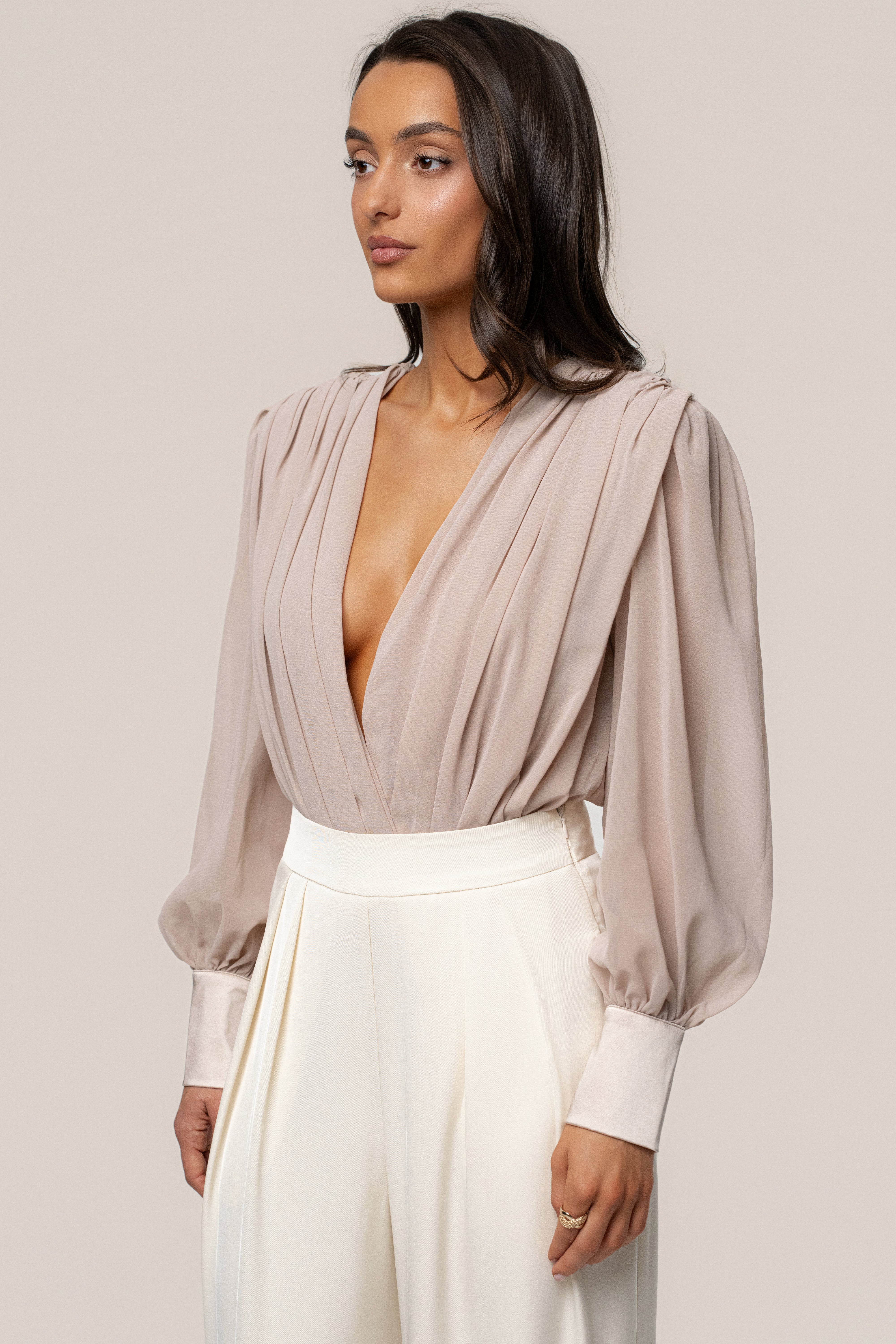 Beige Refined Pleated Chiffon Top