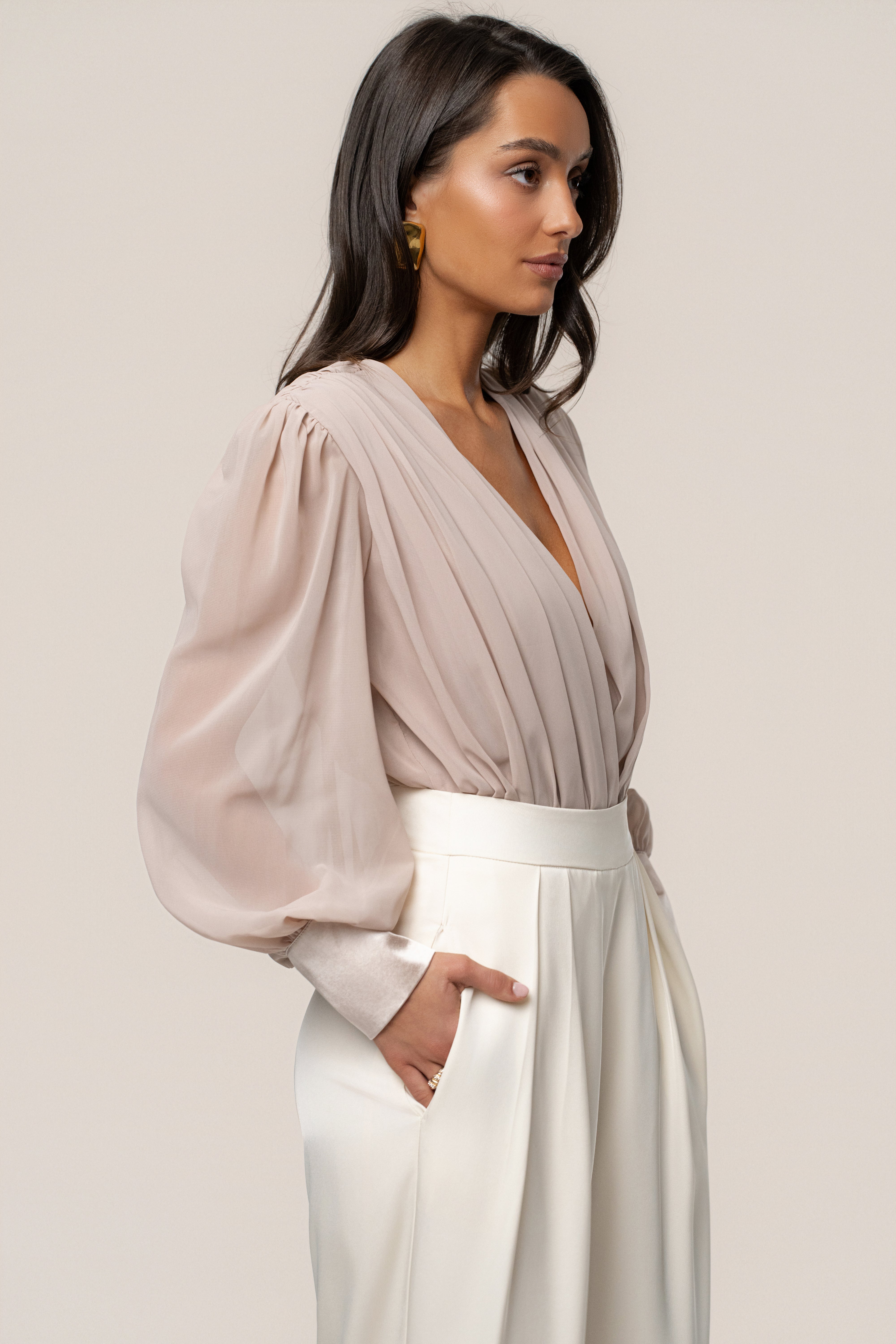 Beige Refined Pleated Chiffon Top
