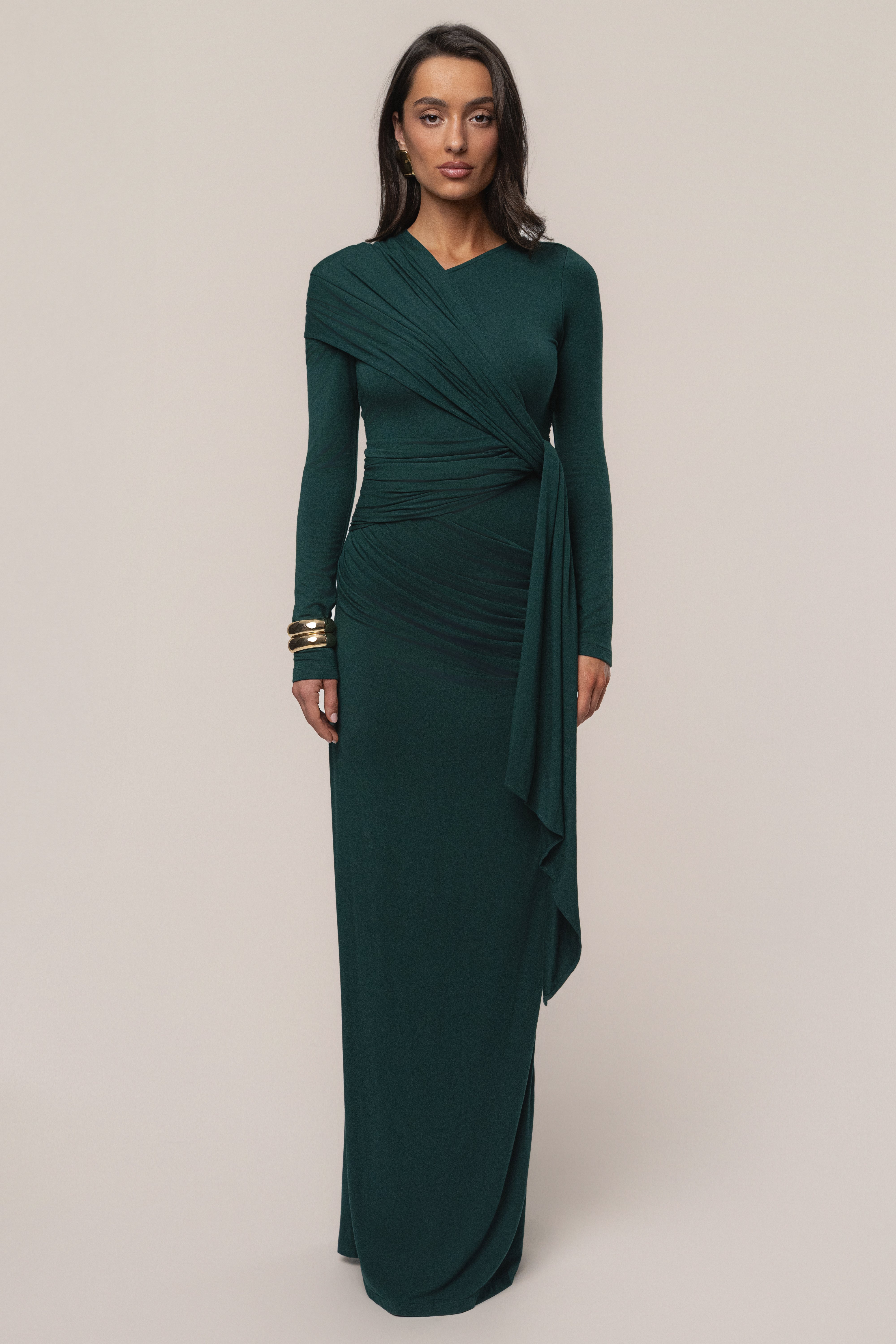 Emerald Glitz Asymmetric Maxi Dress
