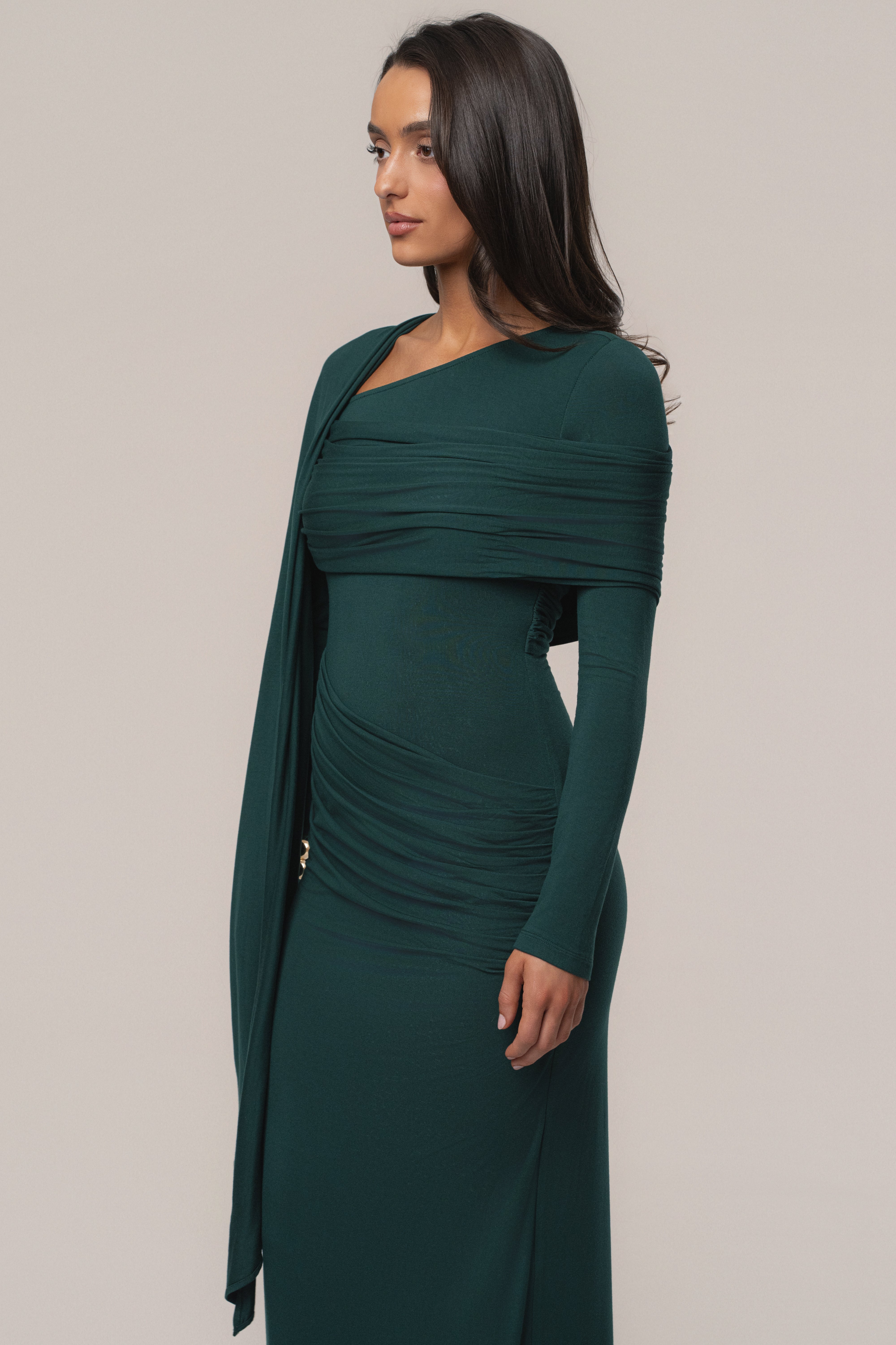 Emerald Glitz Asymmetric Maxi Dress