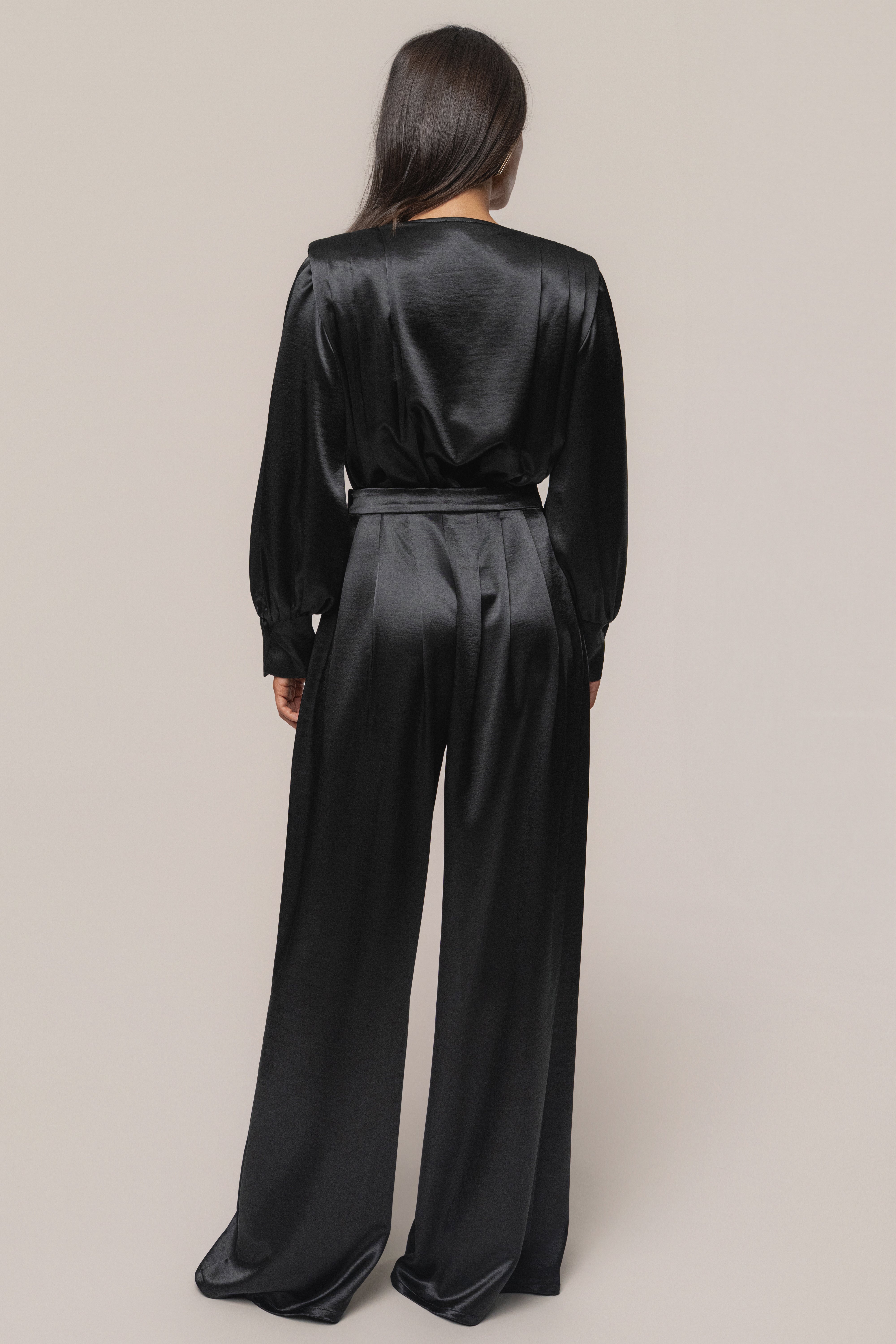 Black Satin Bliss Pleated Pant