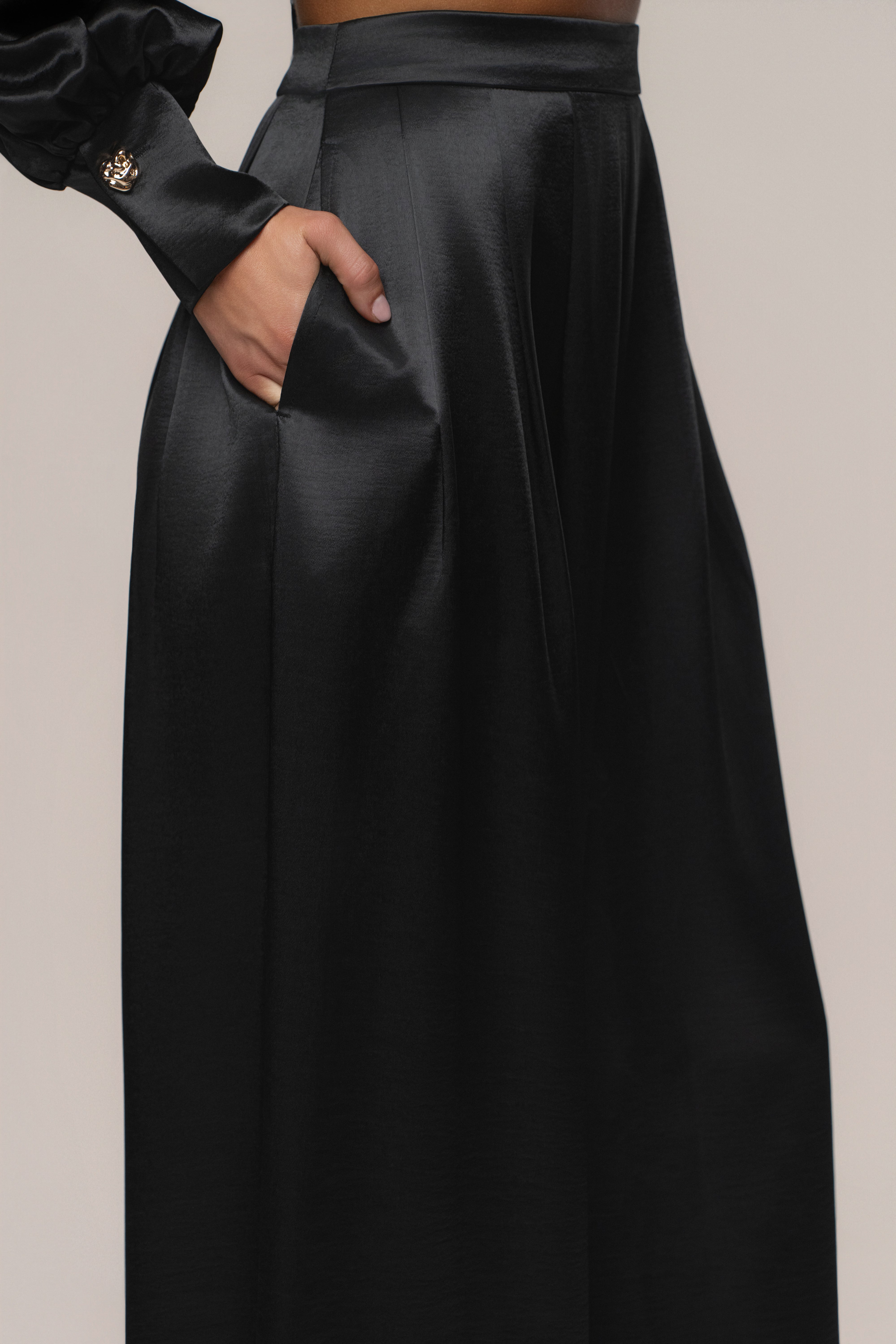 Black Satin Bliss Pleated Pant