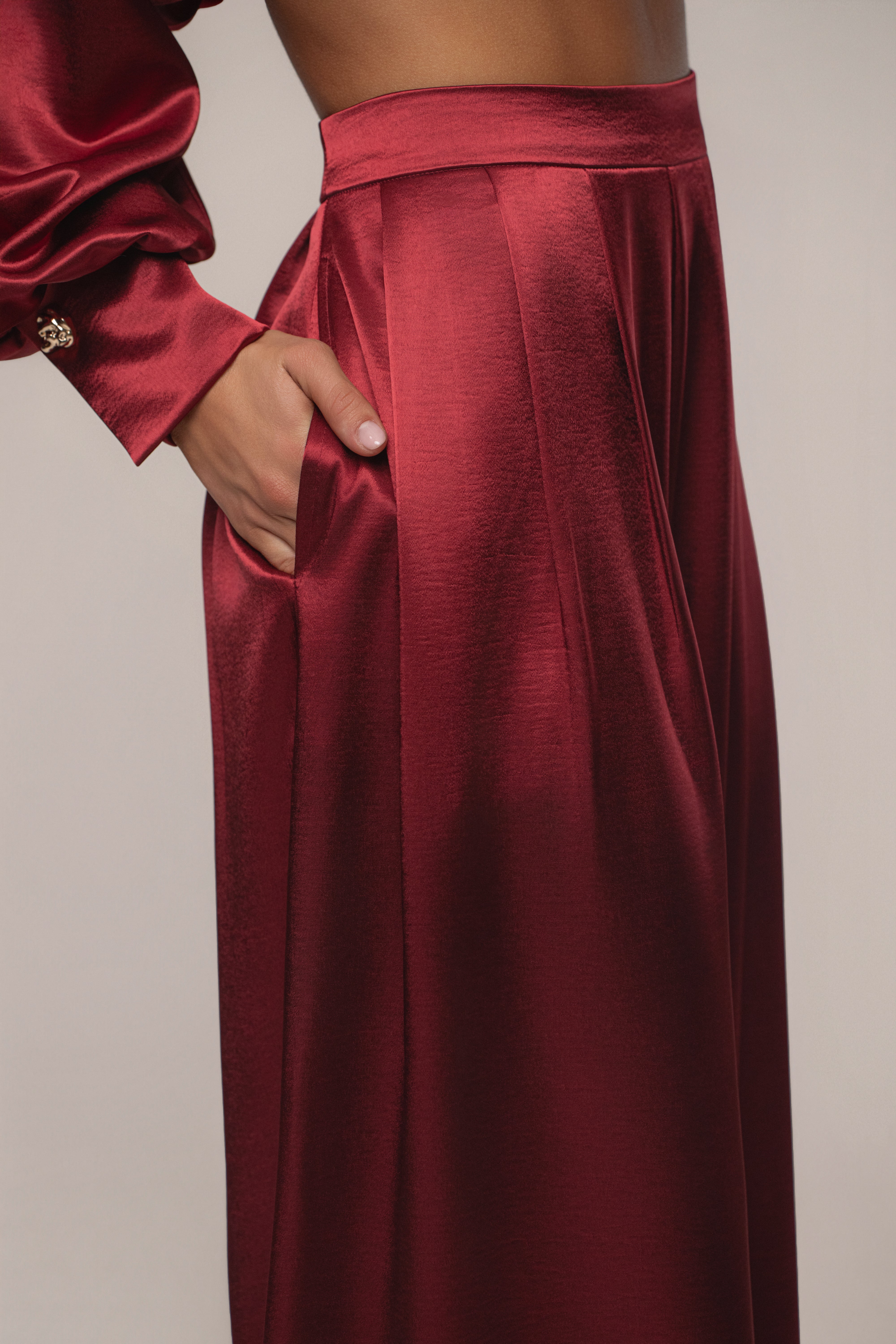 Burgundy Satin Bliss Pleated Pant