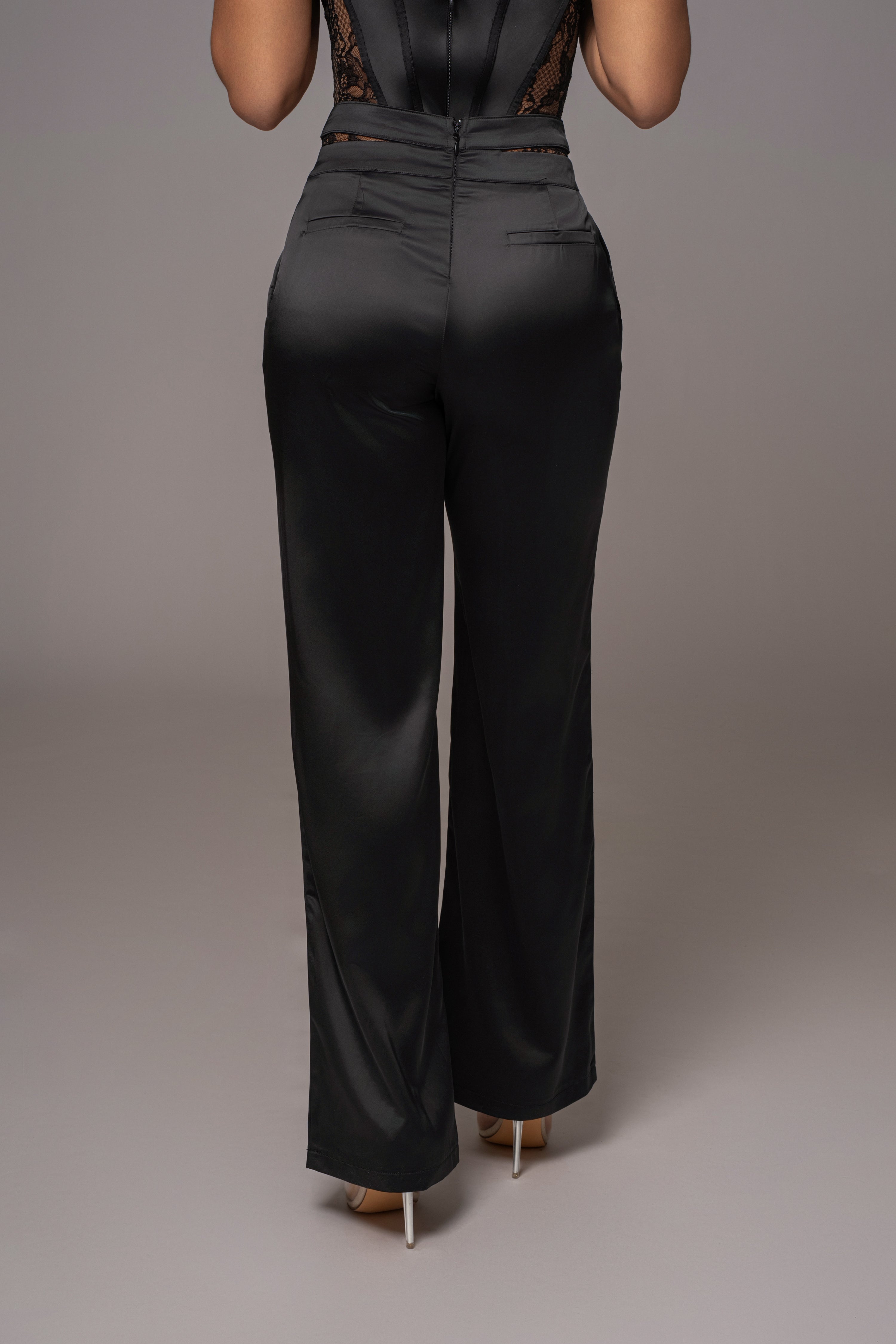 Black Joana Cutout Satin Trousers - JLUXLABEL
