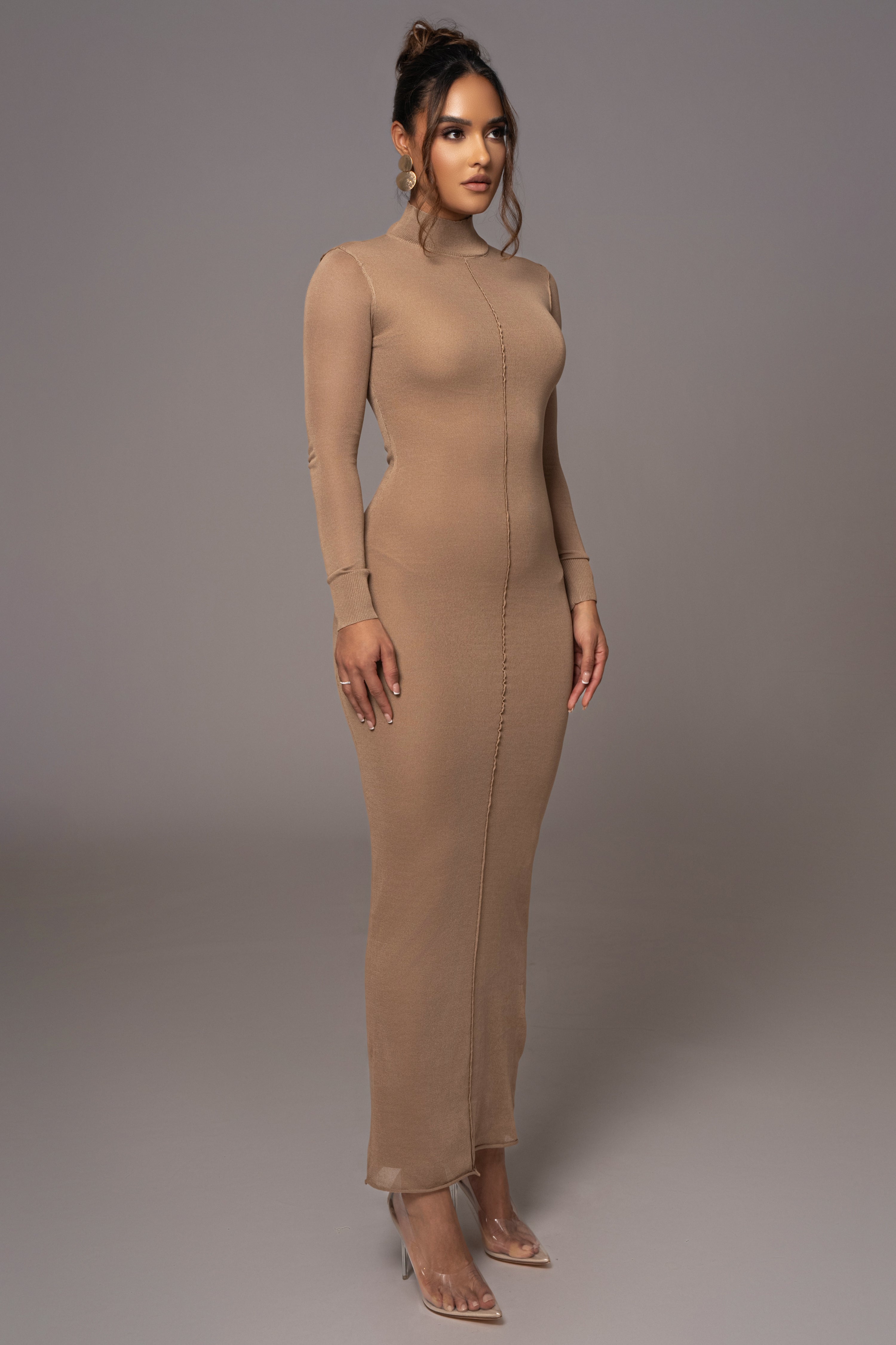 Camel Fame Mock Neck Maxi Dress - JLUXLABEL