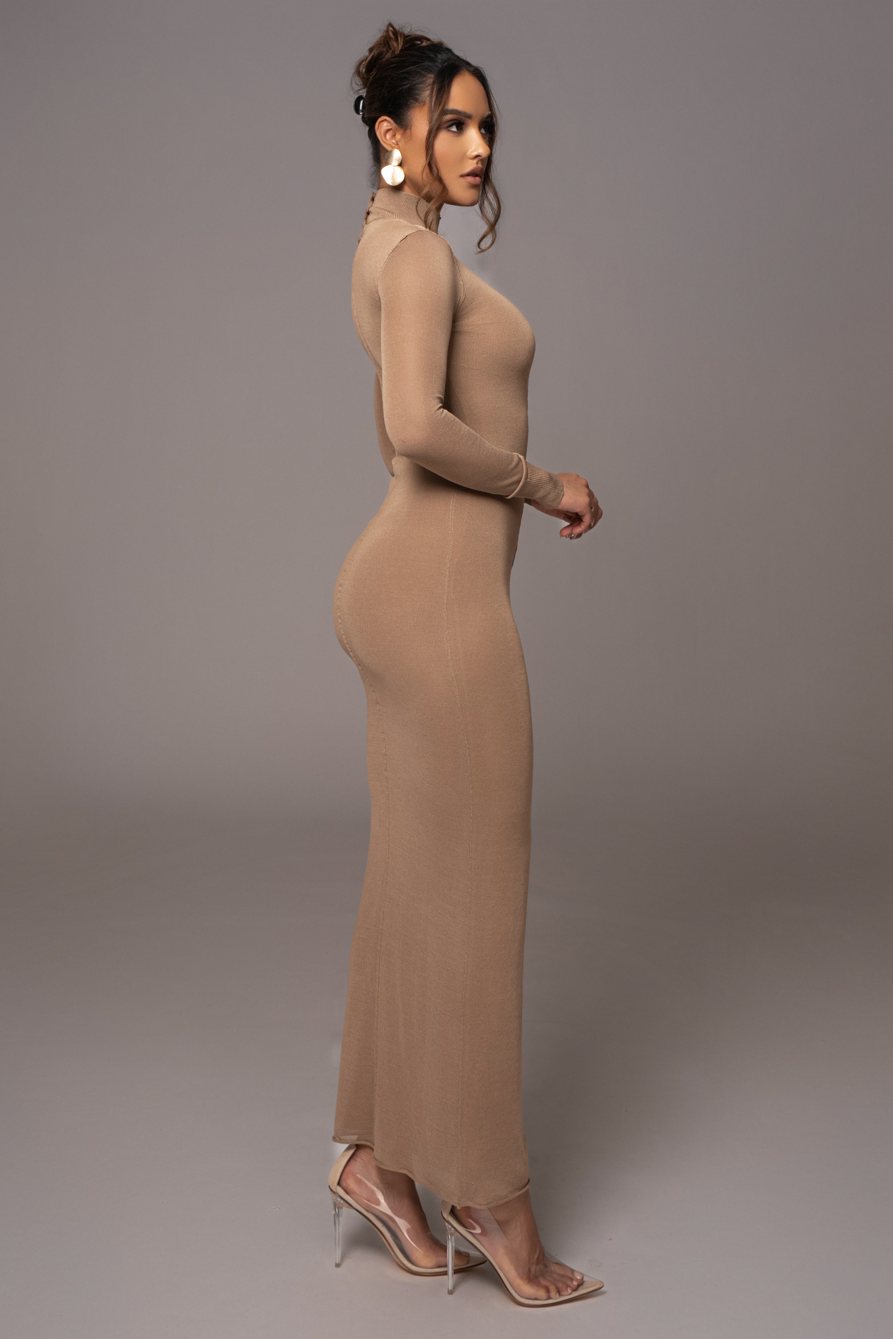 Camel Fame Mock Neck Maxi Dress - JLUXLABEL
