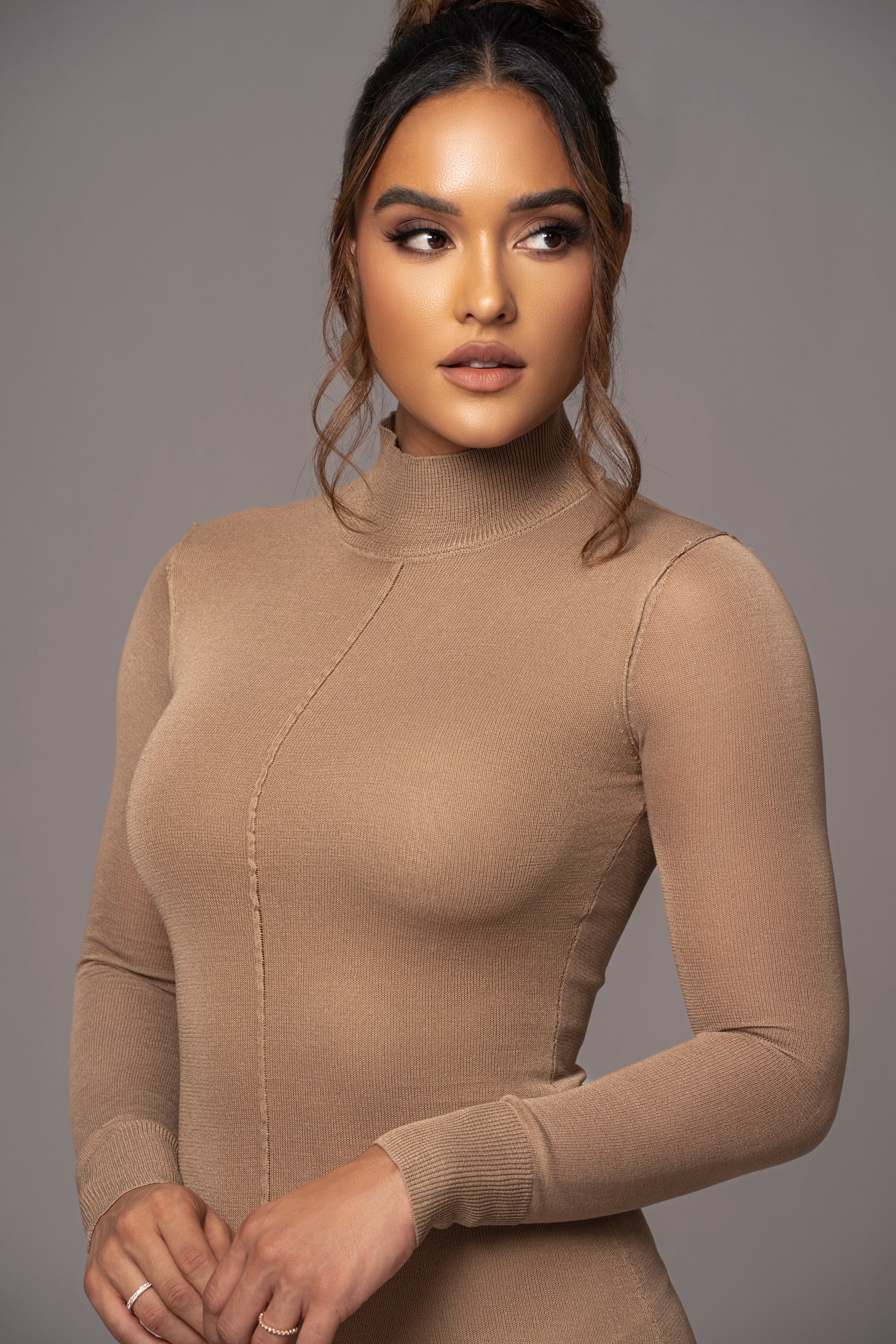 Camel Fame Mock Neck Maxi Dress - JLUXLABEL