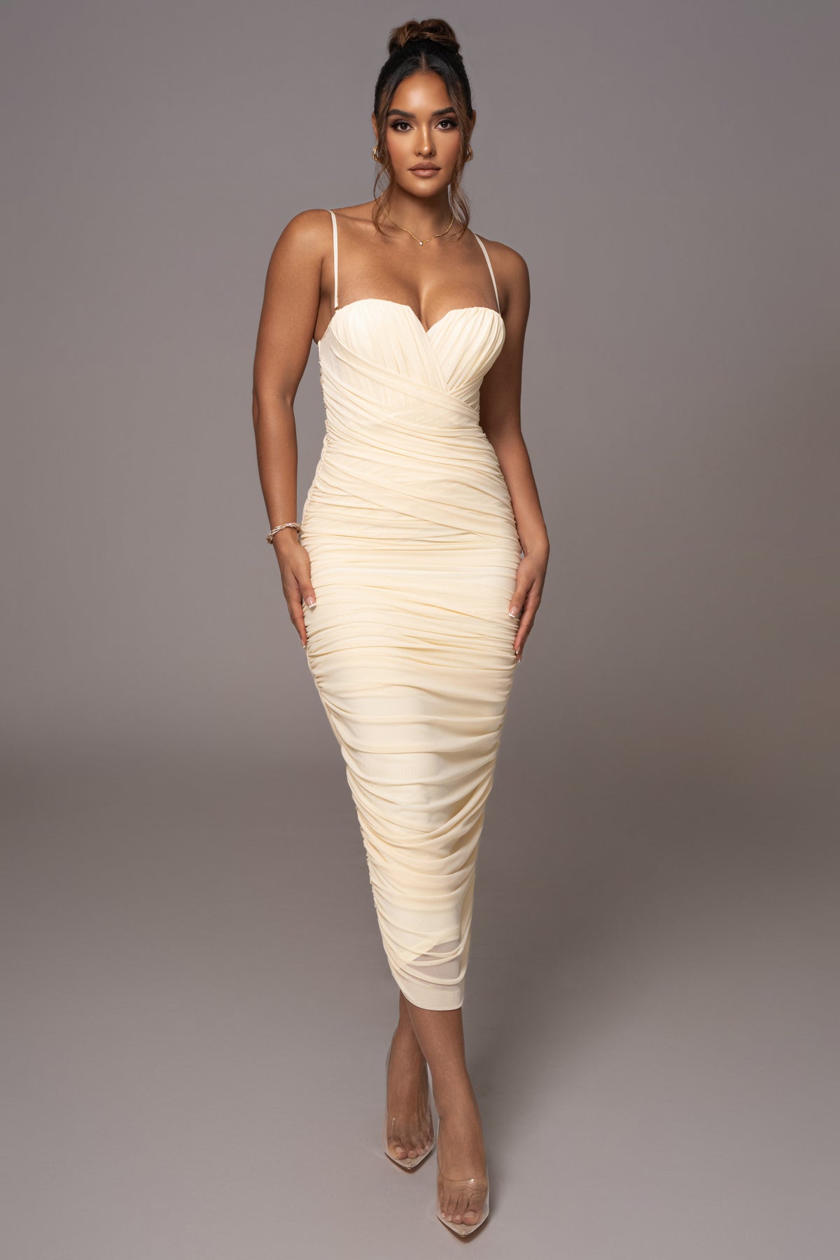 JLUXLABEL Cream Arcadia Mesh Midi Dress featuring a fitted silhouette and stylish mesh fabric.