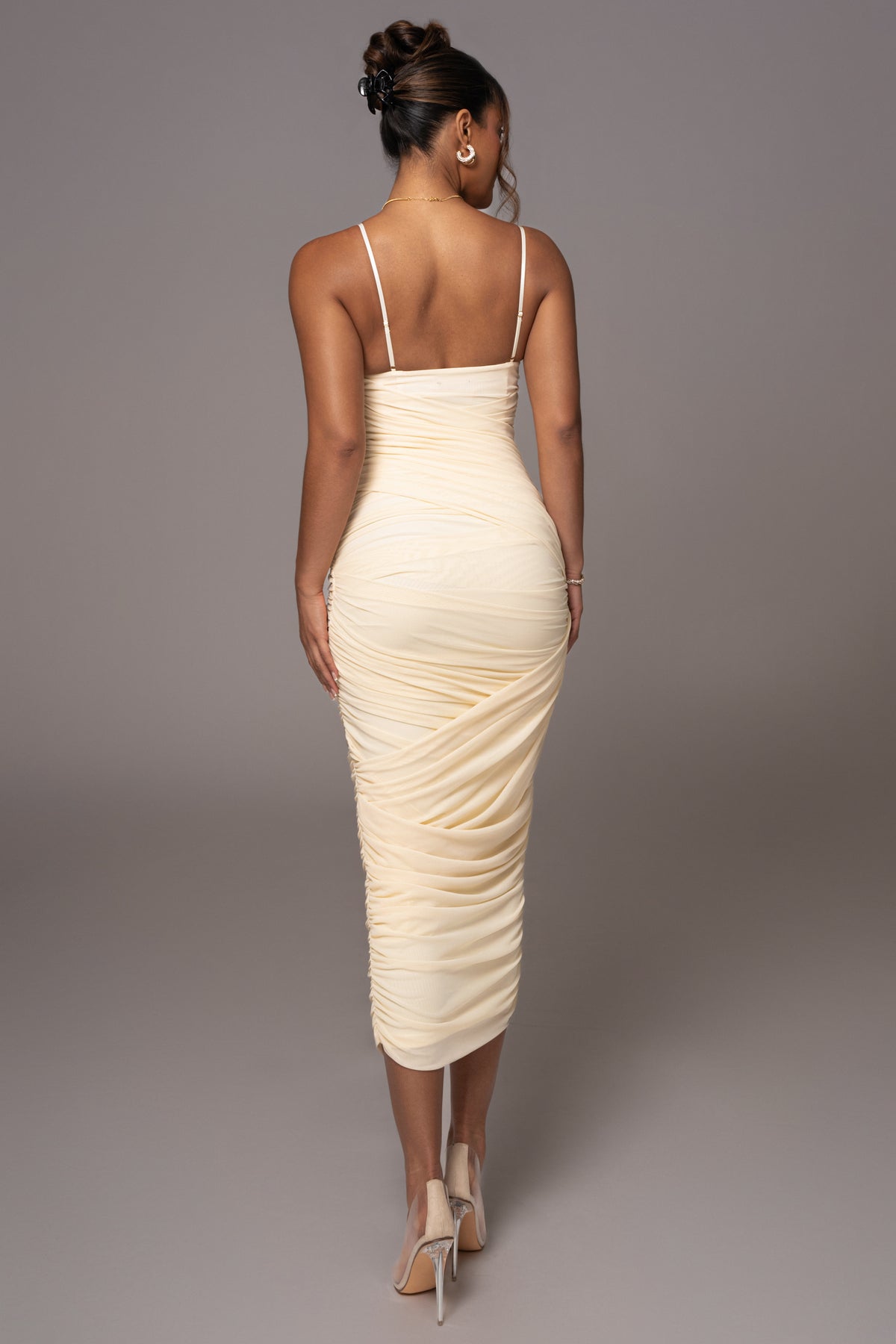Cream Arcadia Mesh Midi Dress by JLUXLABEL, featuring a fitted design, sheer mesh fabric, and midi length for elegant style.