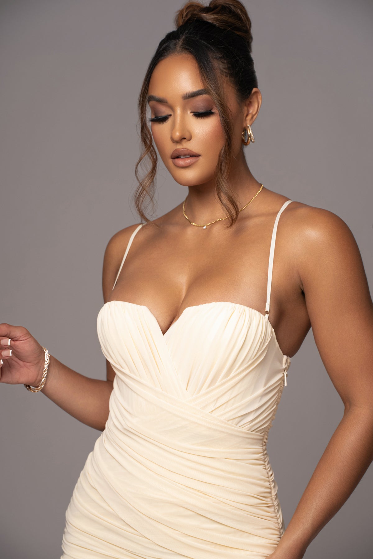JLUXLABEL Cream Arcadia Mesh Midi Dress with fitted bodice and flowing skirt, stylish and elegant for special occasions.