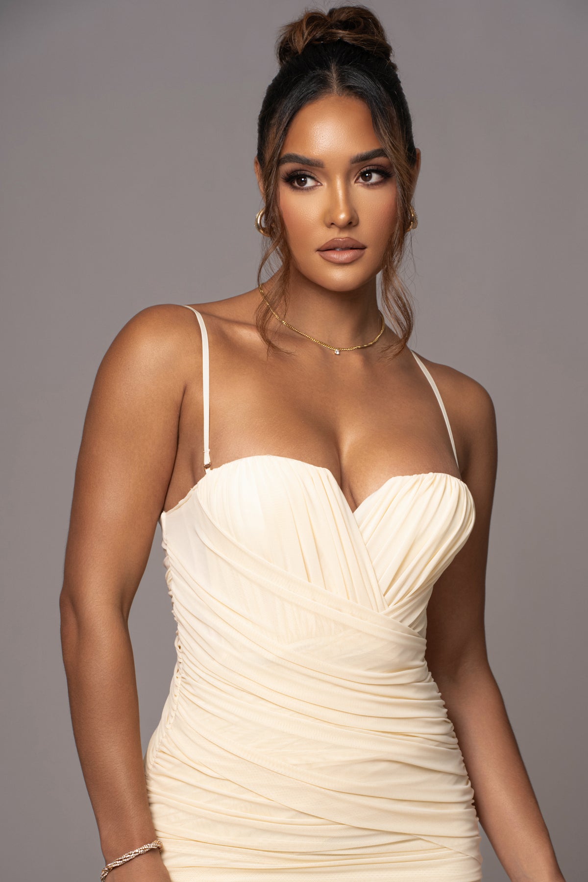 Cream Arcadia Mesh Midi Dress by JLUXLABEL featuring a fitted silhouette and stylish mesh fabric for elegant evening wear.