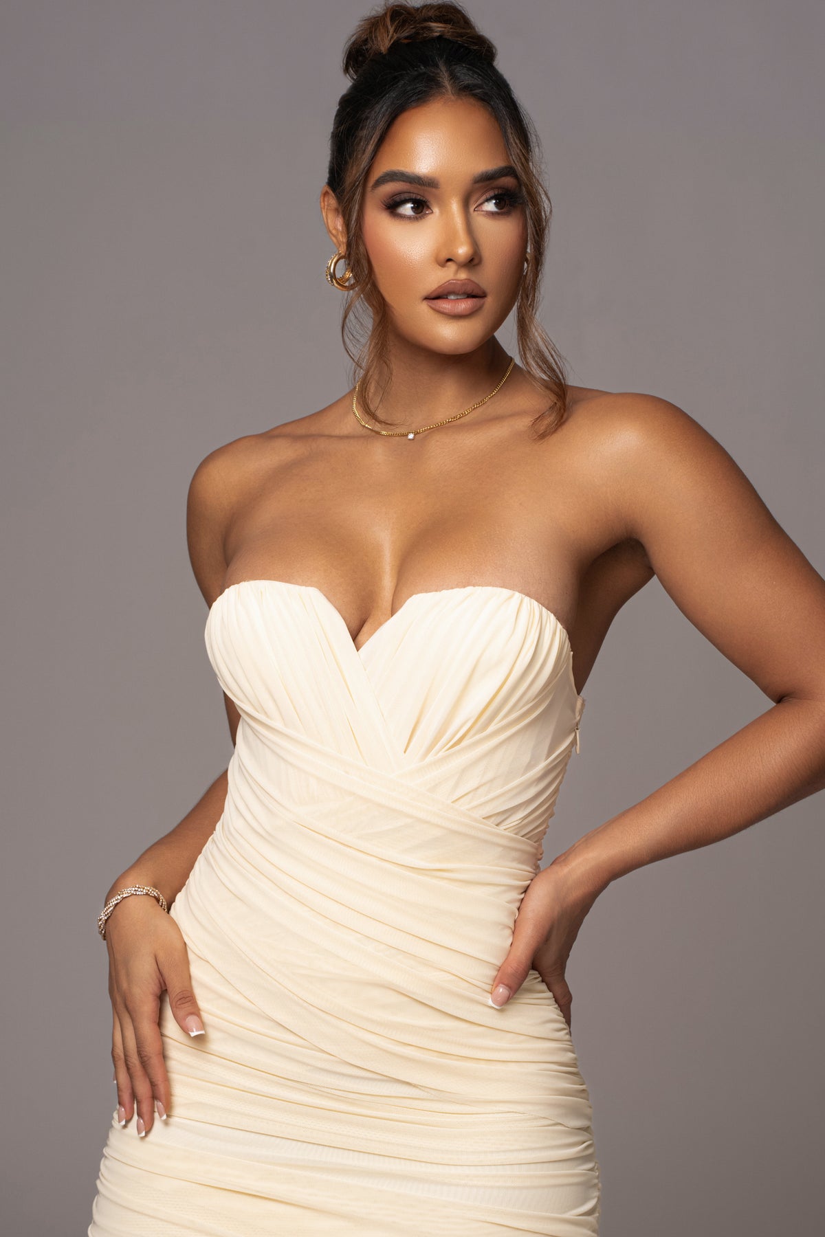 Cream Arcadia Mesh Midi Dress by JLUXLABEL featuring a fitted silhouette and delicate mesh fabric, perfect for elegant occasions.
