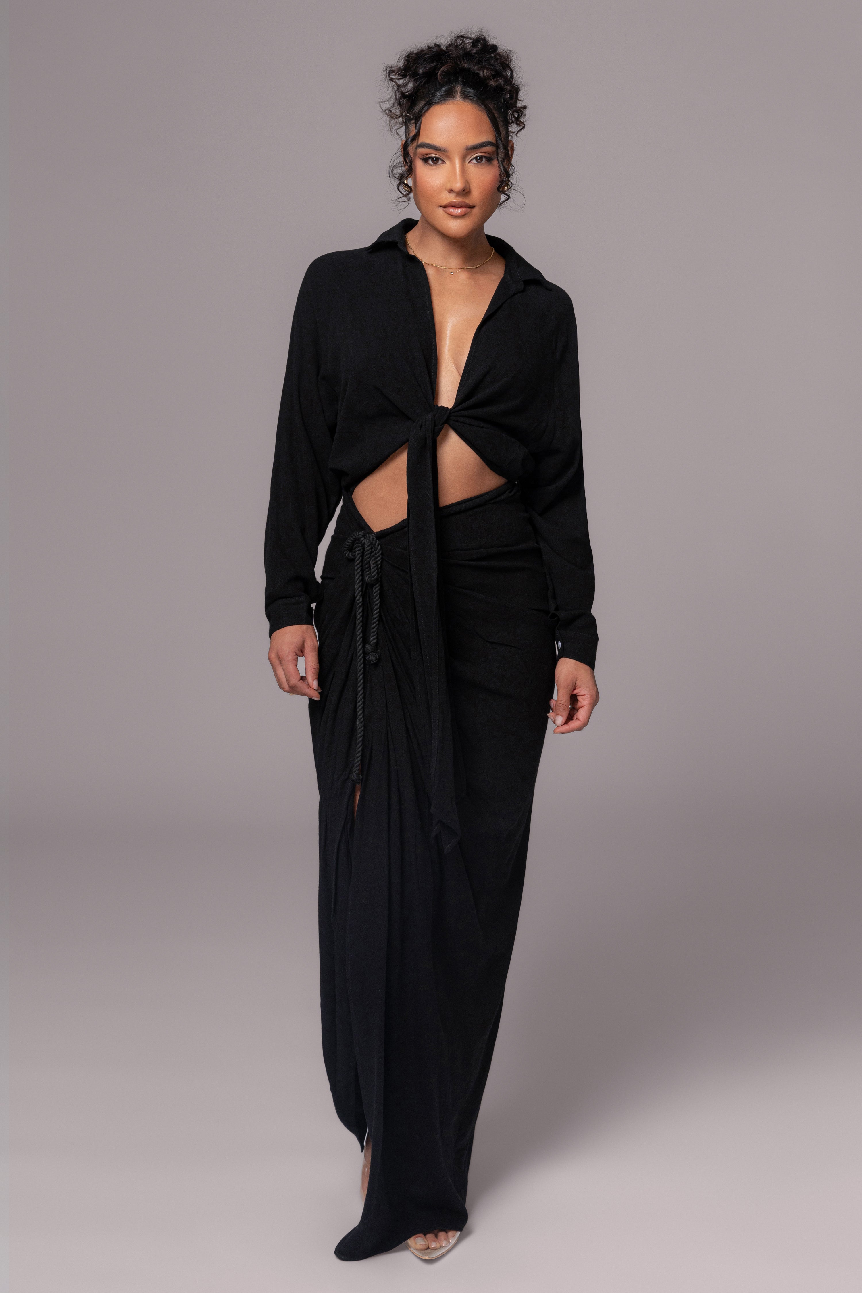 Black Noelia Linen Slit Skirt - JLUXLABEL