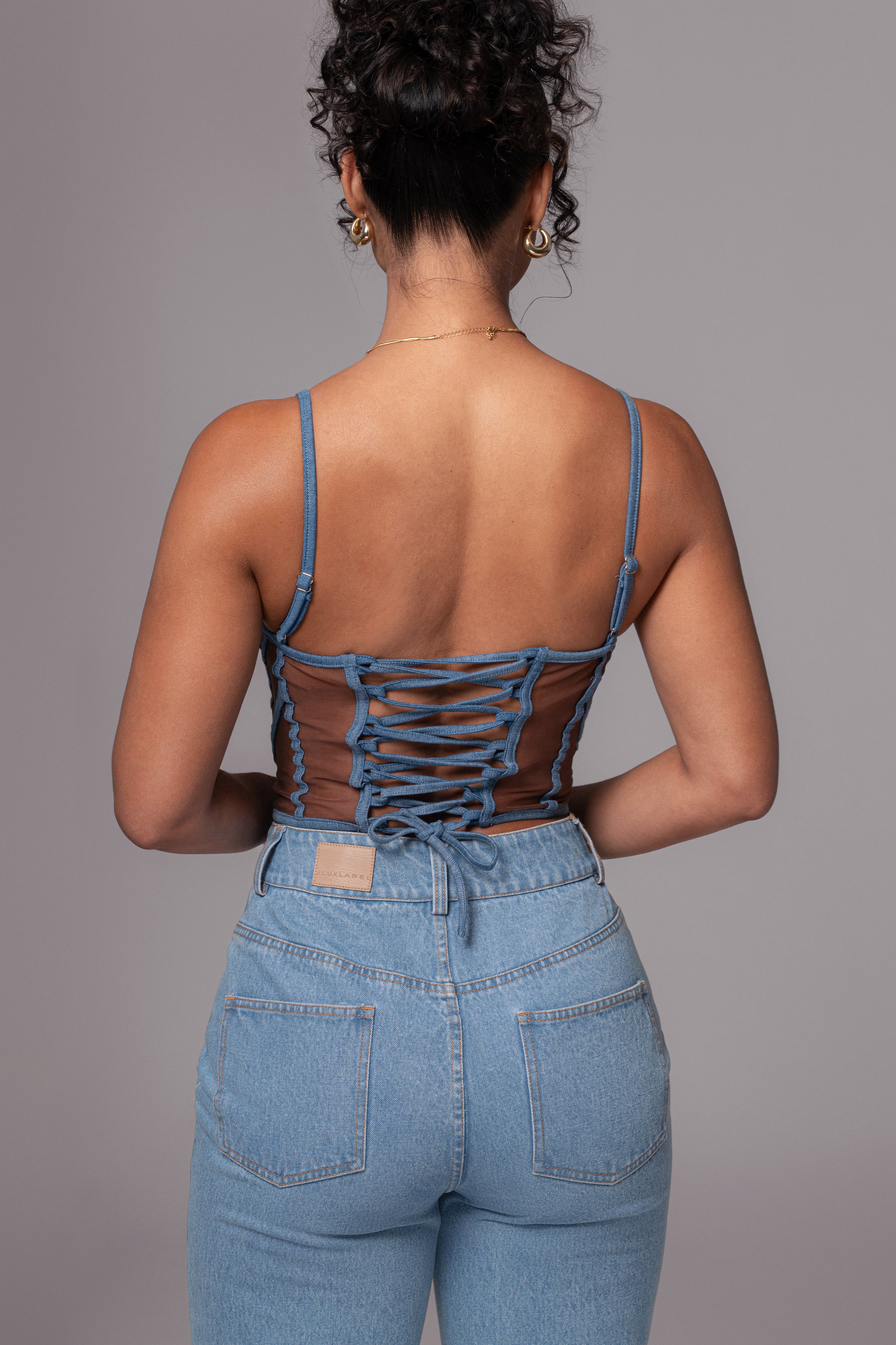Dark Denim Illusion Mesh Bustier - JLUXLABEL