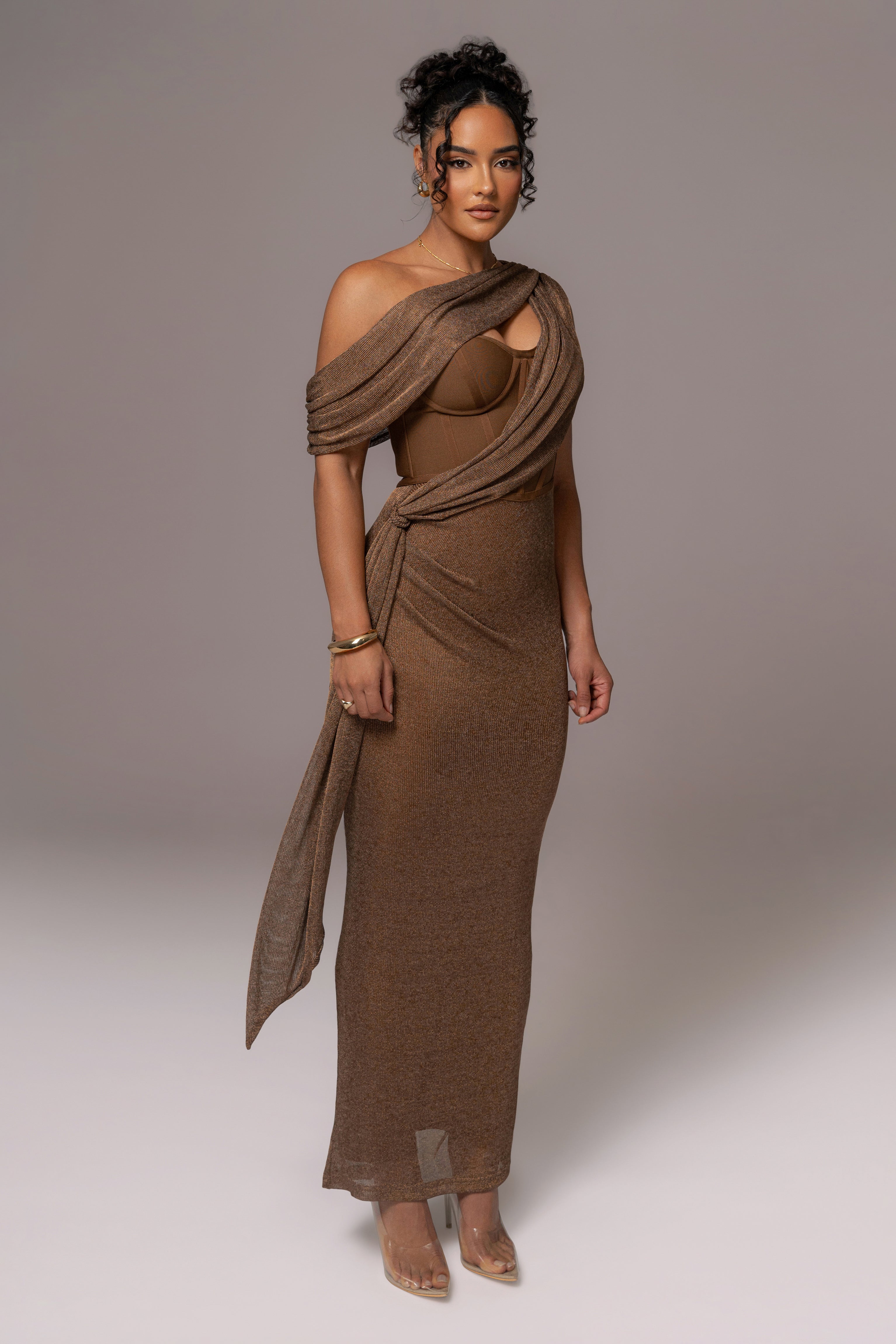 Bronze Metallic Celestina Draped Maxi Dress - JLUXLABEL
