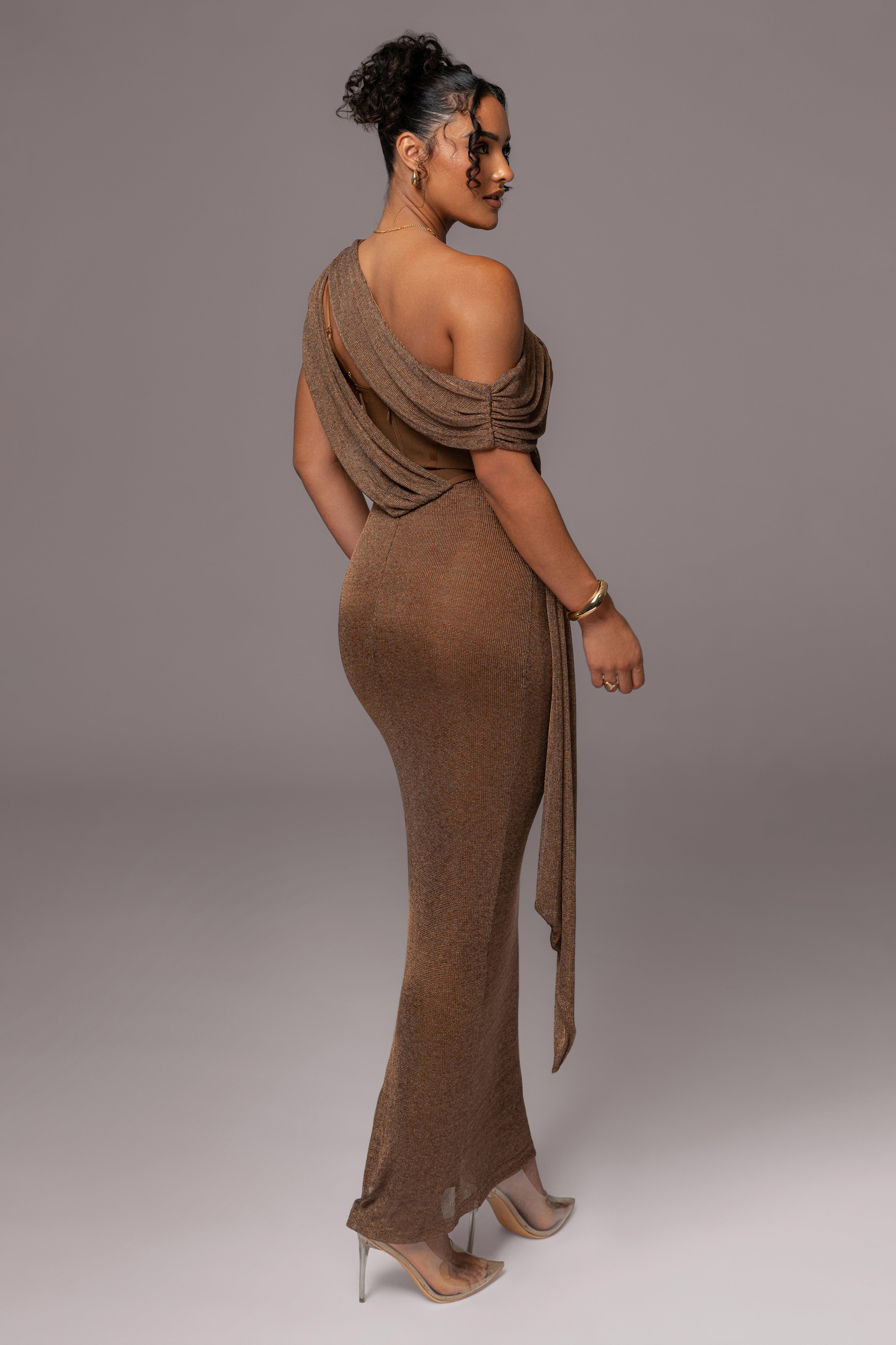 Bronze Metallic Celestina Draped Maxi Dress - JLUXLABEL