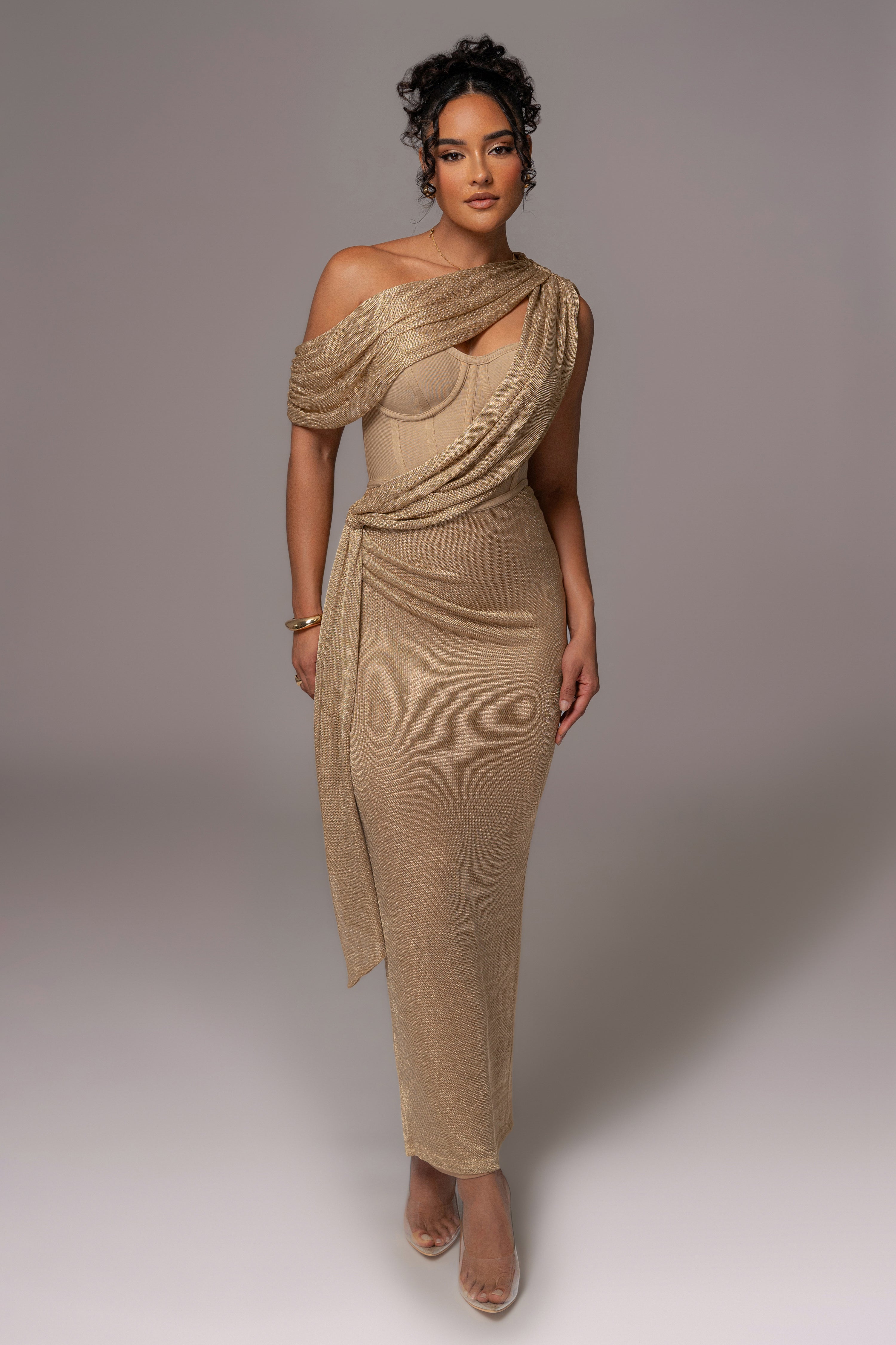 Gold Metallic Celestina Draped Maxi Dress - JLUXLABEL
