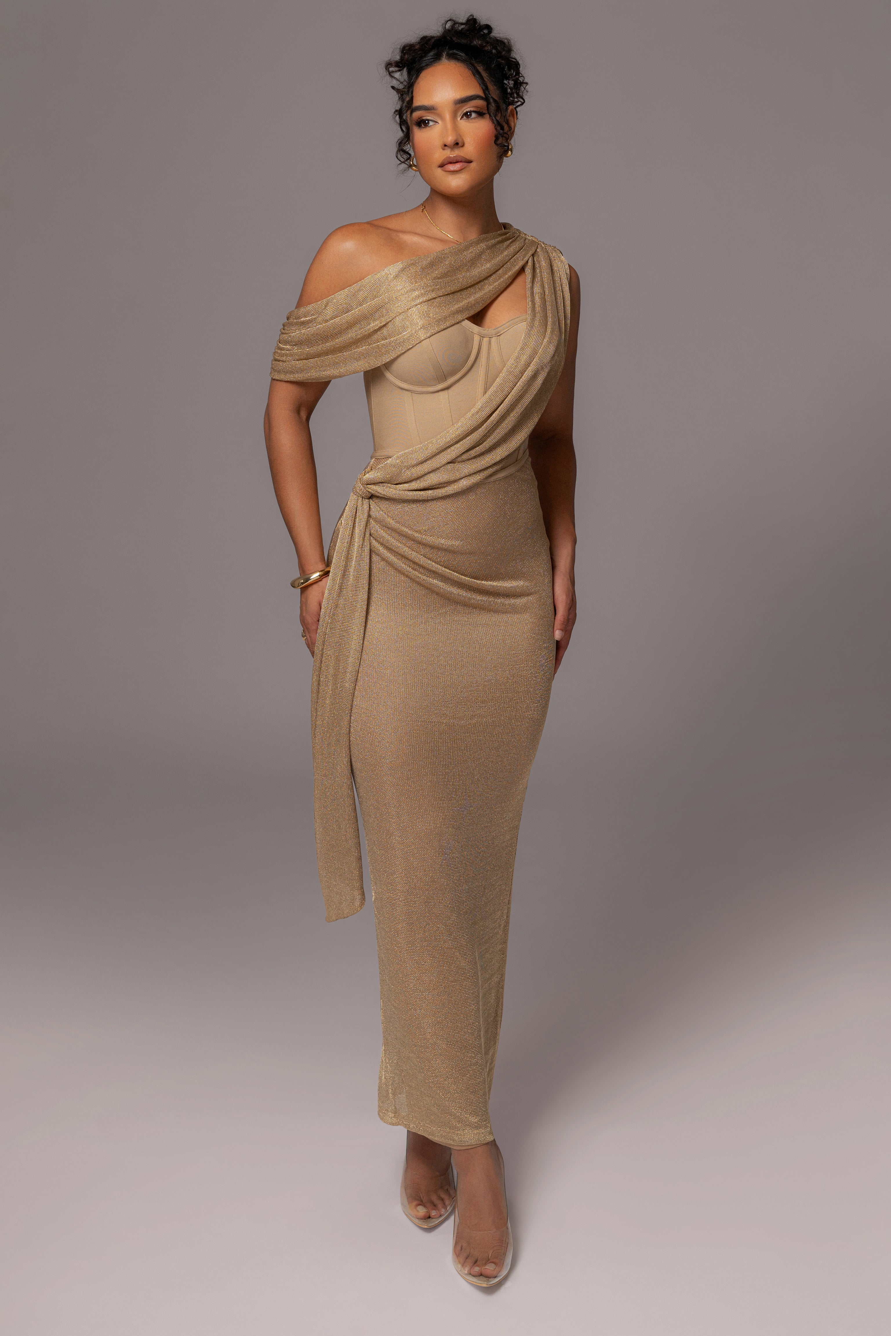 Gold Metallic Celestina Draped Maxi Dress - JLUXLABEL