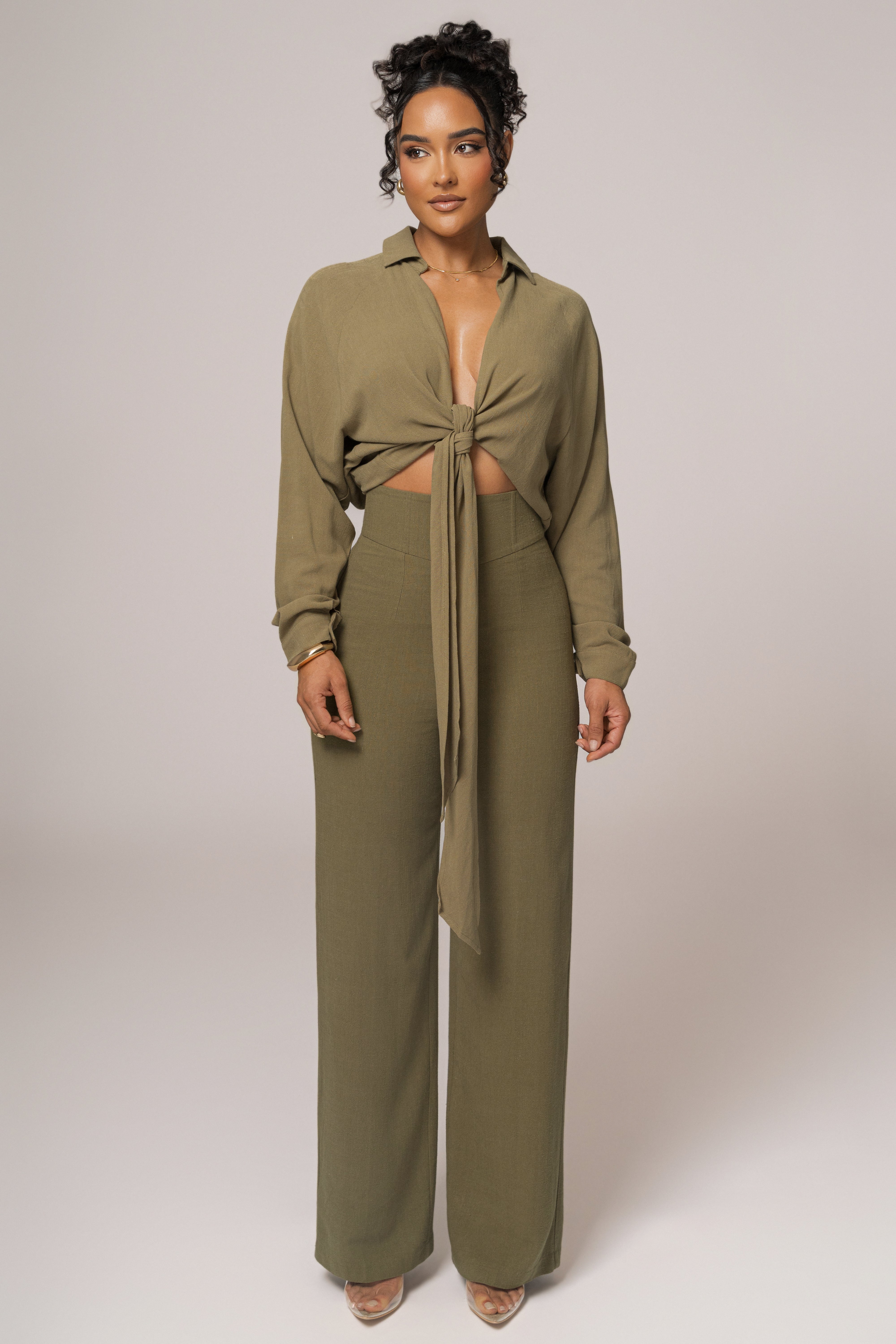 Olive Soho Front Tied Woven Top - JLUXLABEL
