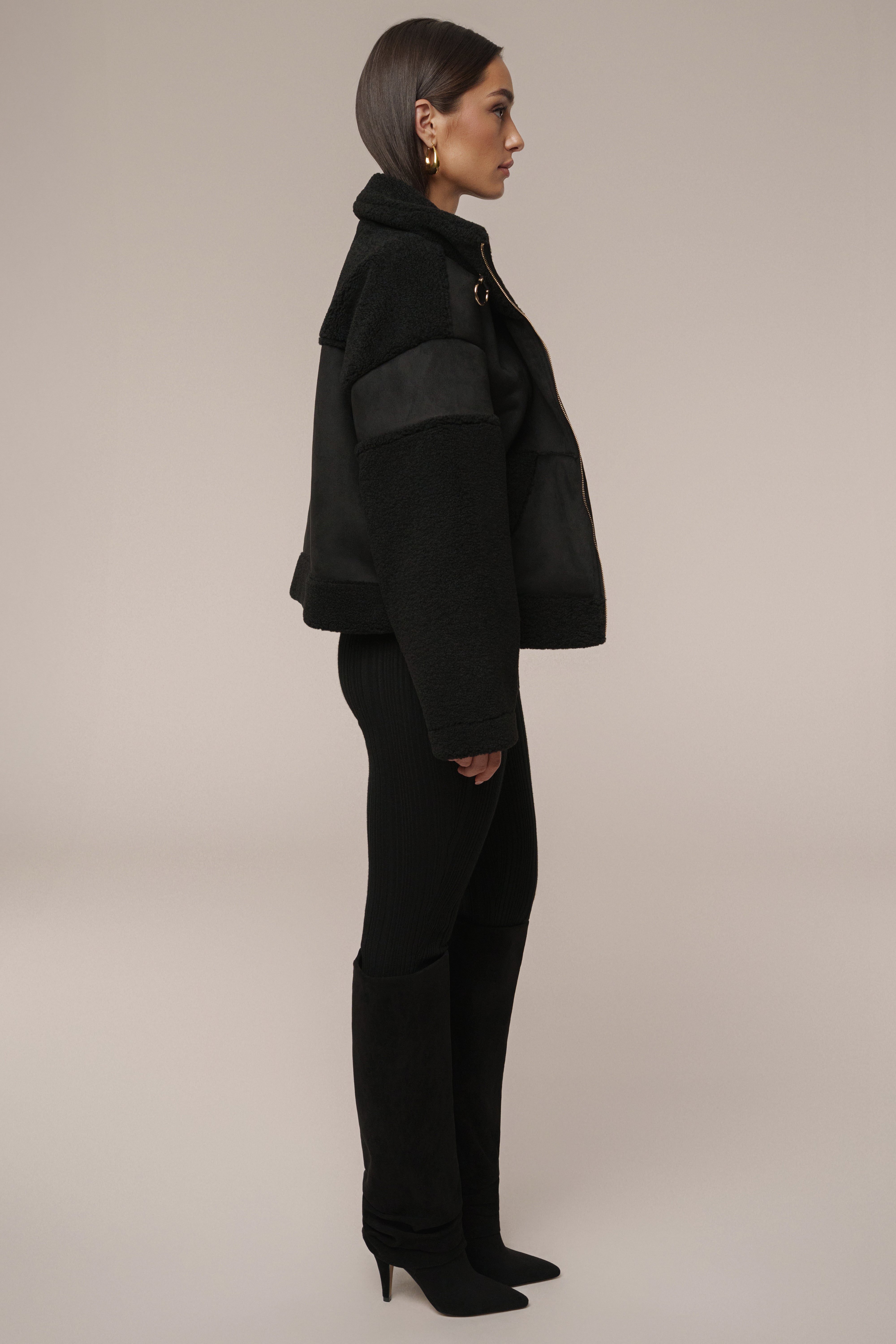 Black Suede And Sherpa Jacket - JLUXLABEL