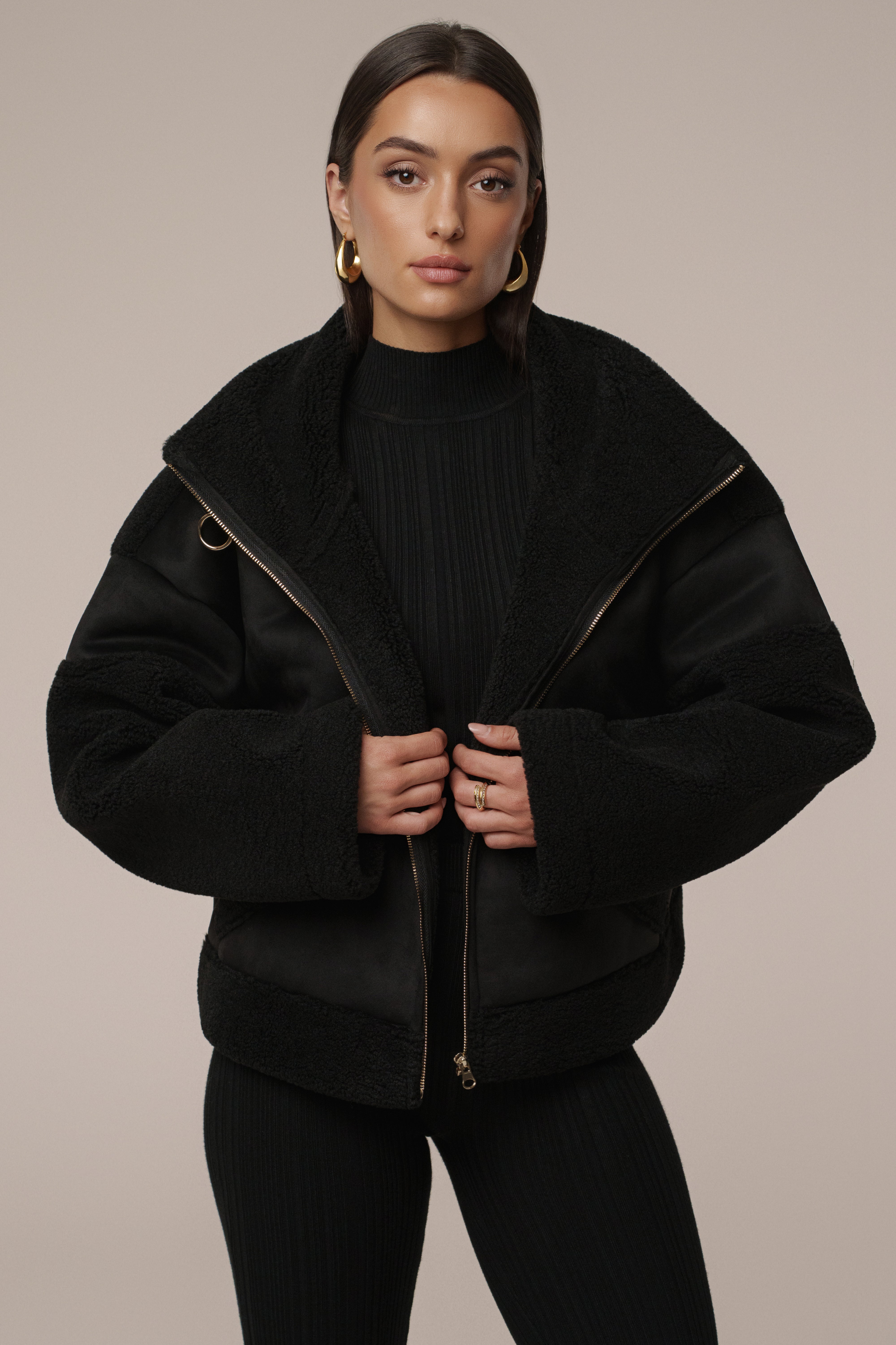 Black Suede And Sherpa Jacket - JLUXLABEL