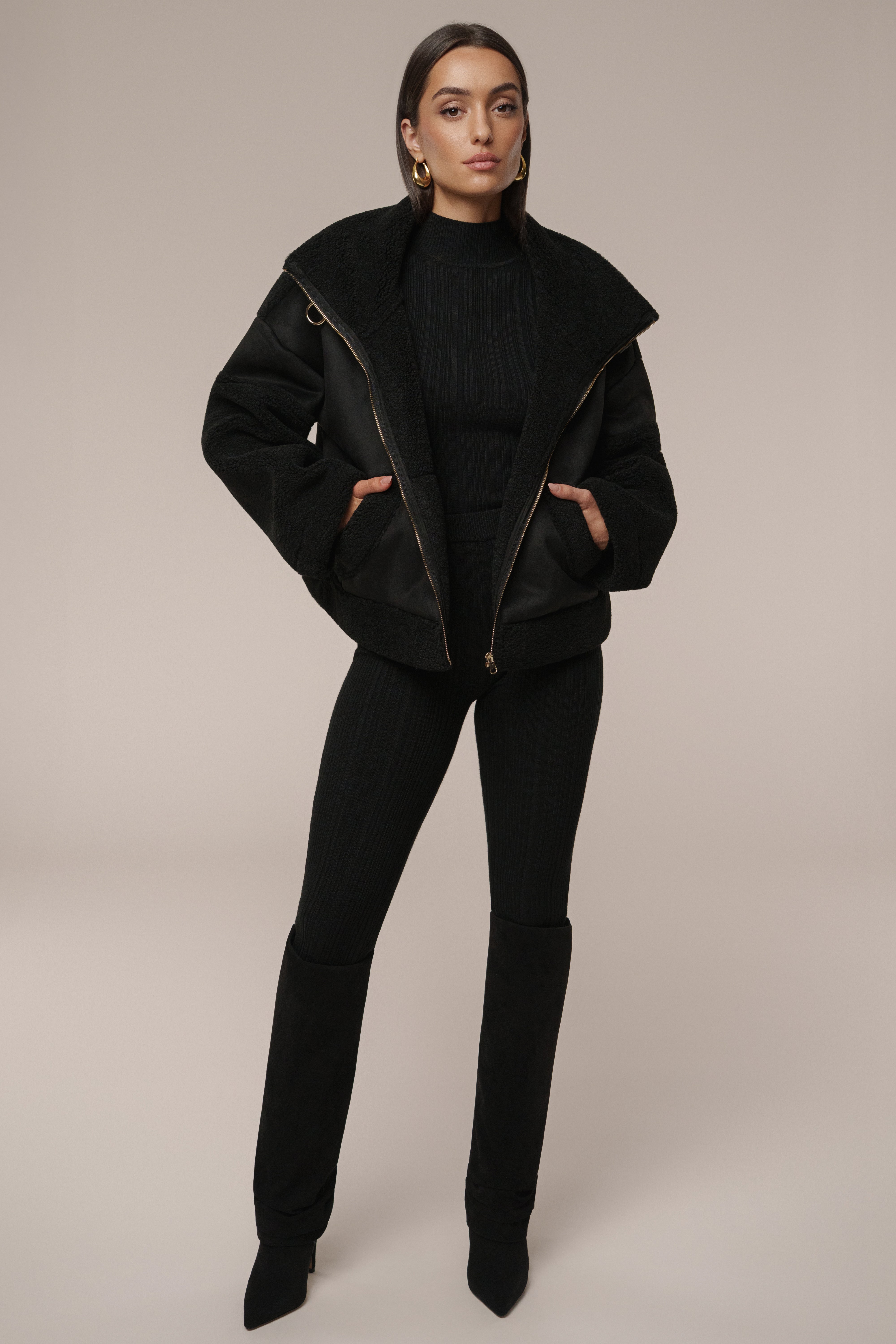 Black Suede And Sherpa Jacket - JLUXLABEL