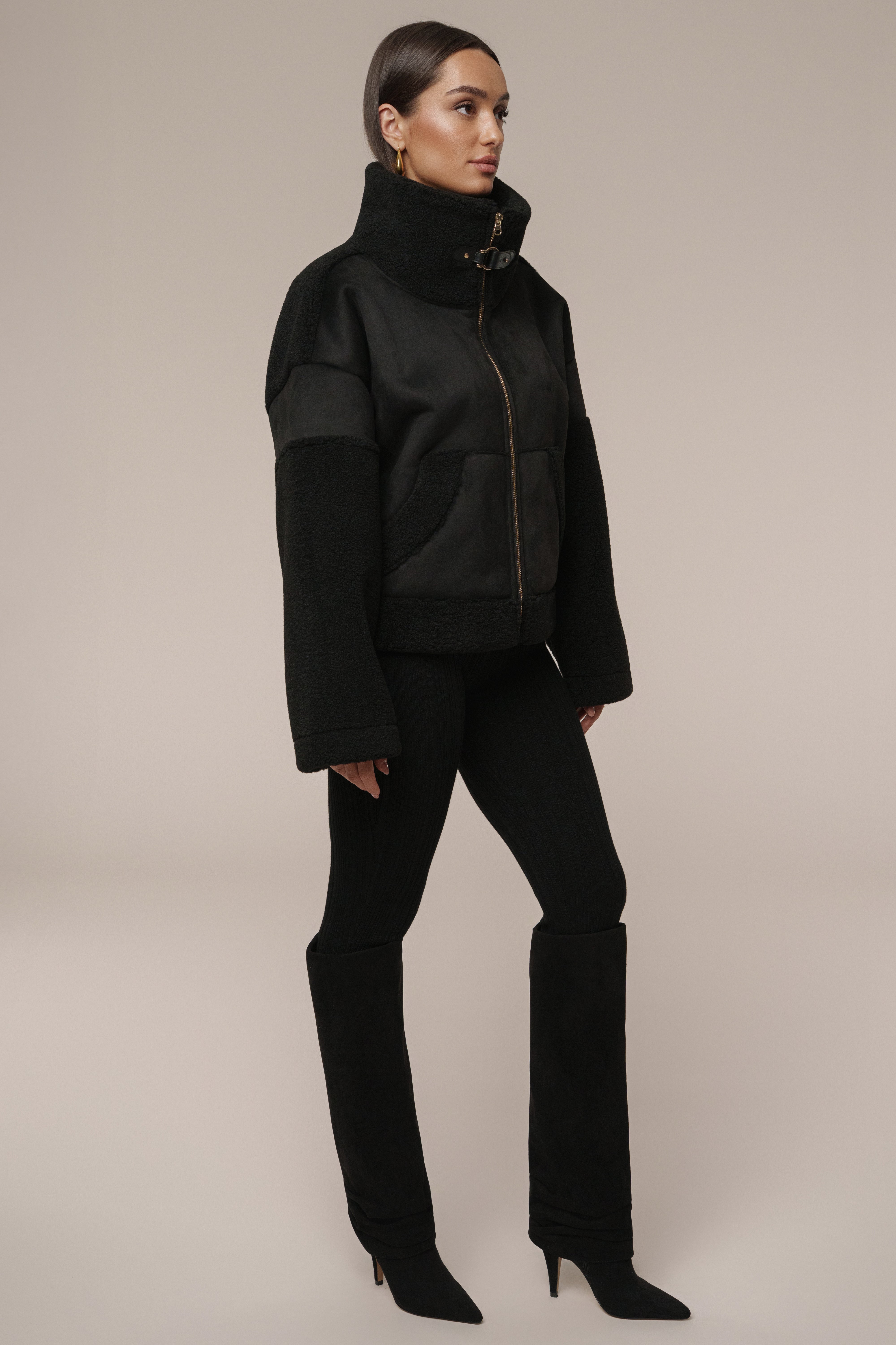 Black Suede And Sherpa Jacket - JLUXLABEL