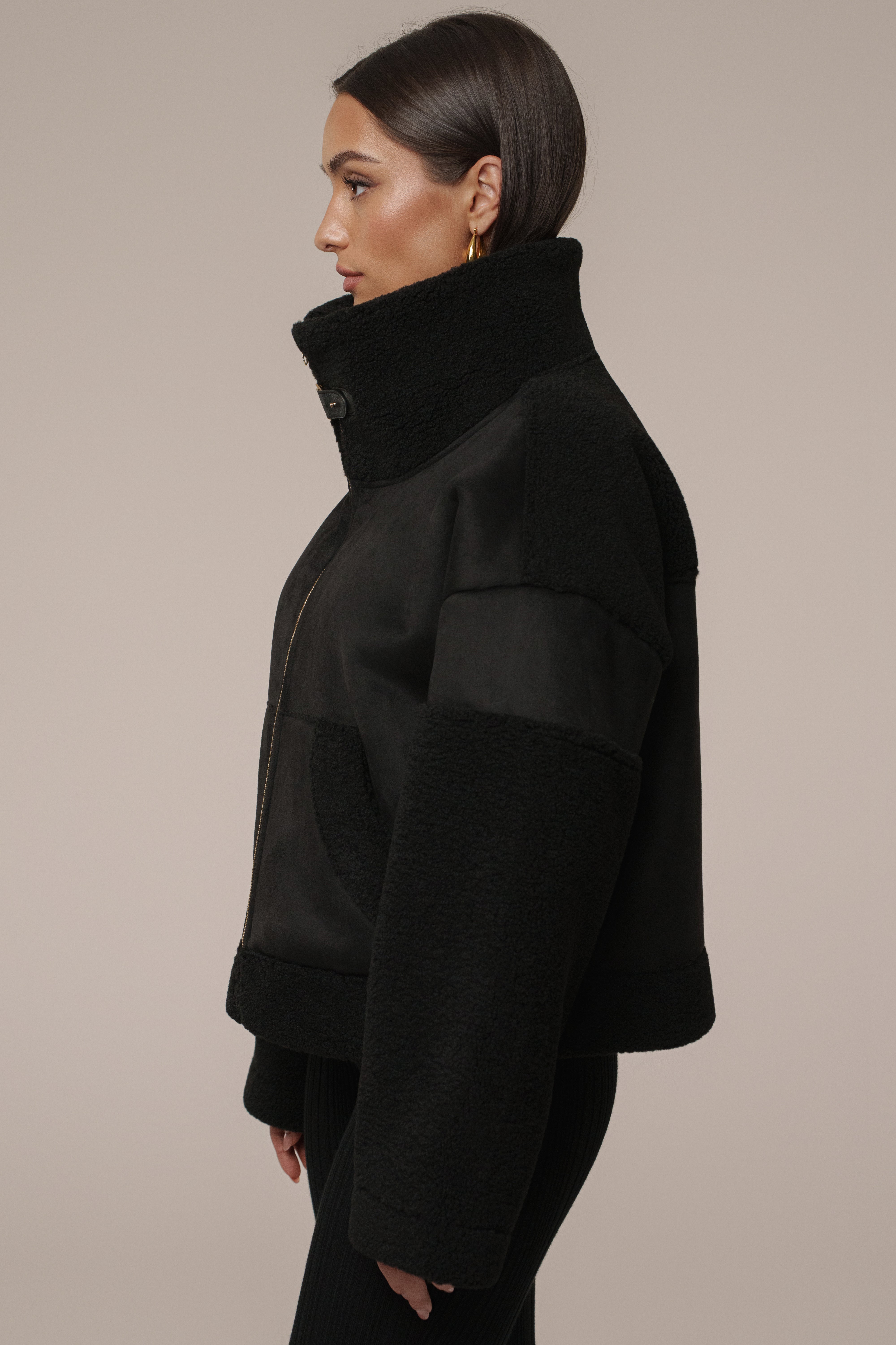 Black Suede And Sherpa Jacket - JLUXLABEL