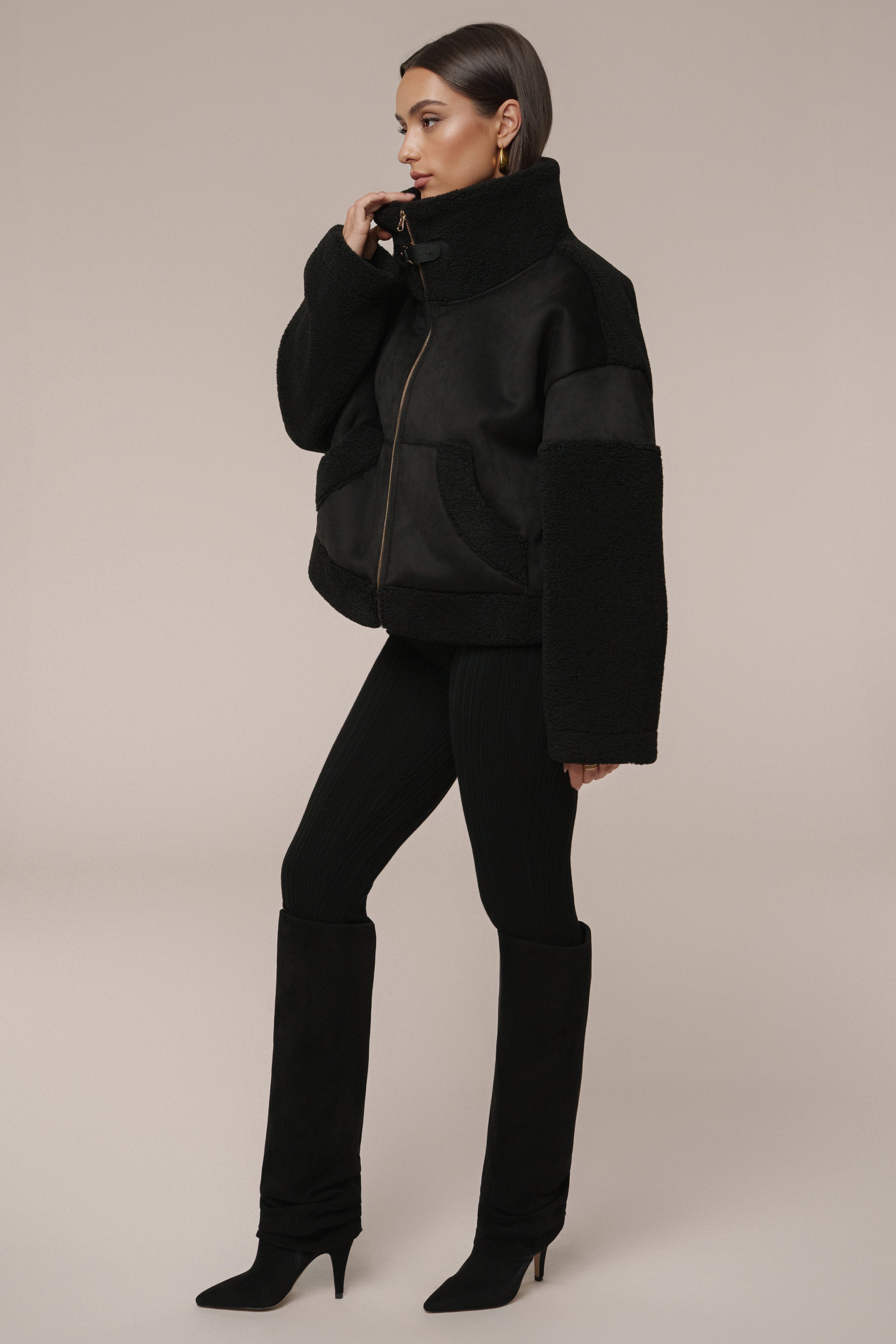 Black Suede And Sherpa Jacket - JLUXLABEL