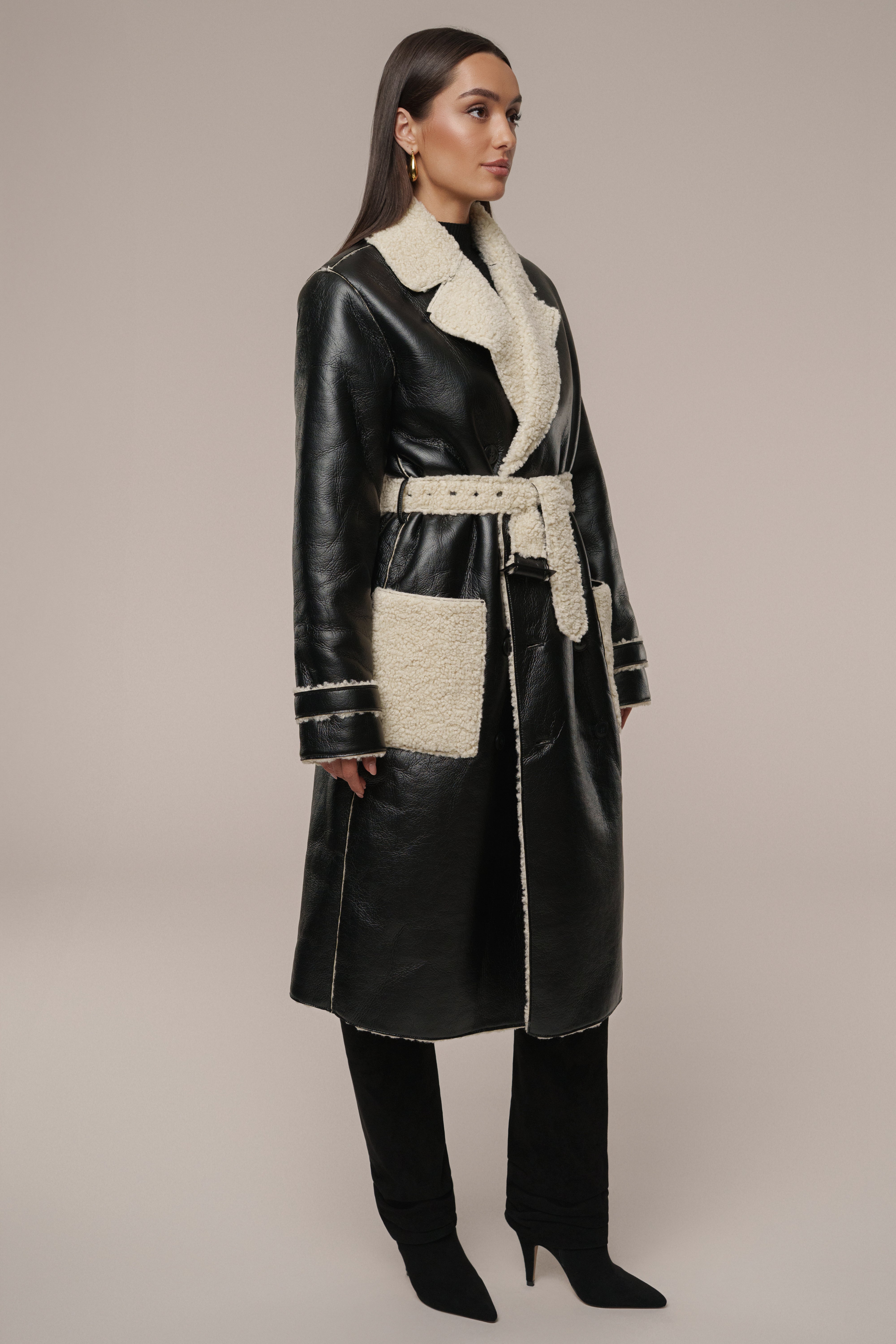 Black/Ivory Sherpa And Faux Leather Coat - JLUXLABEL