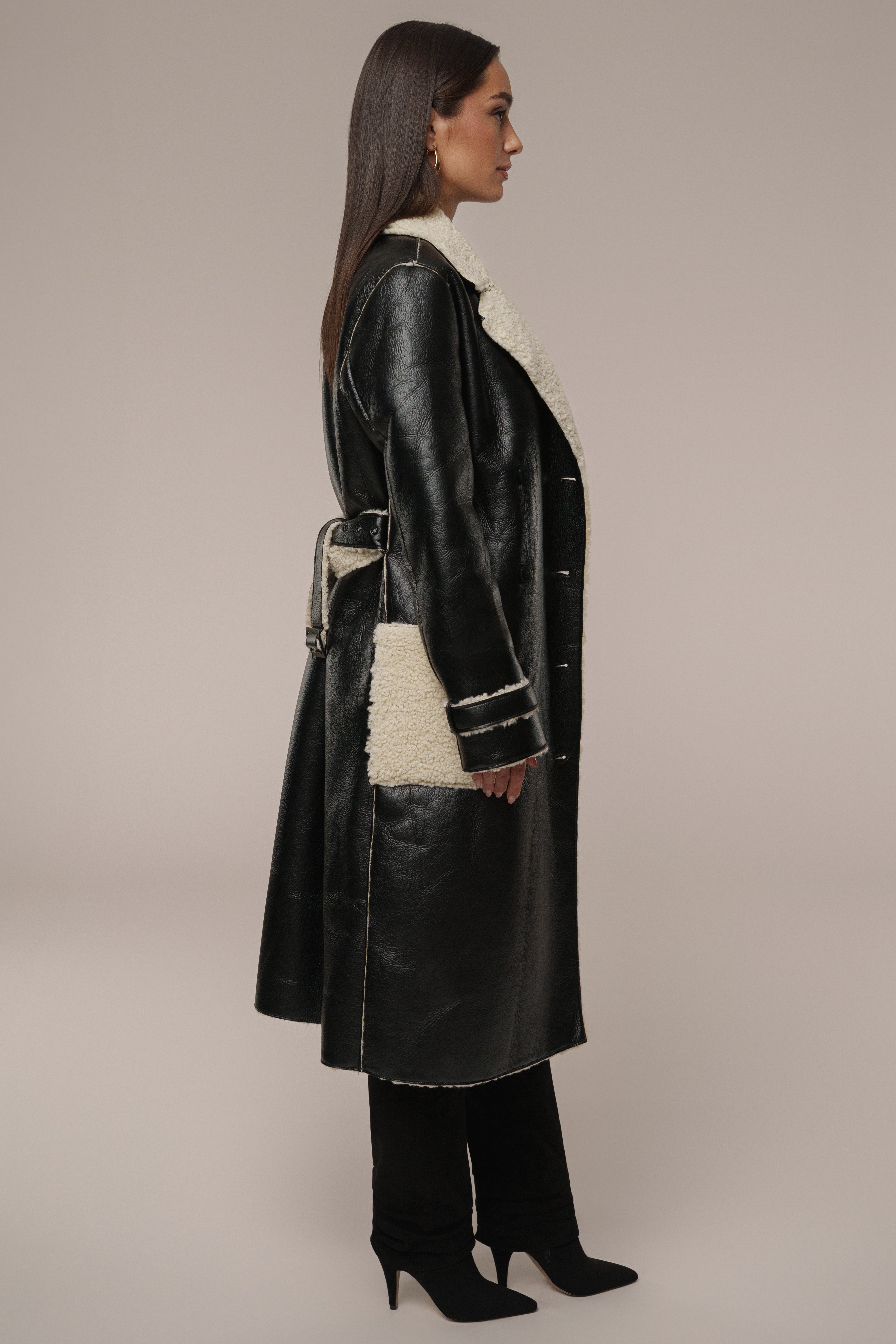 Black/Ivory Sherpa And Faux Leather Coat - JLUXLABEL