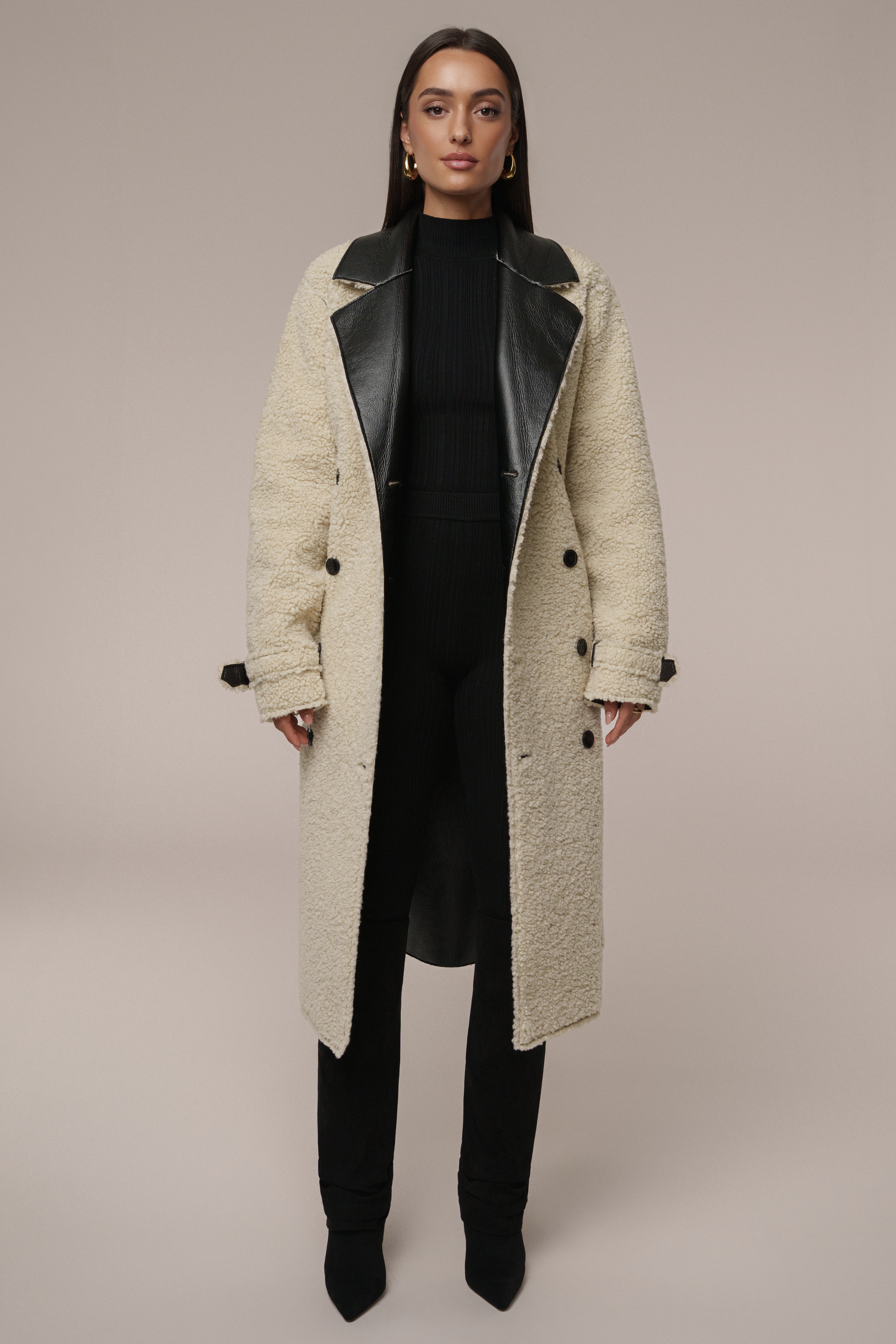 Black/Ivory Sherpa And Faux Leather Coat - JLUXLABEL