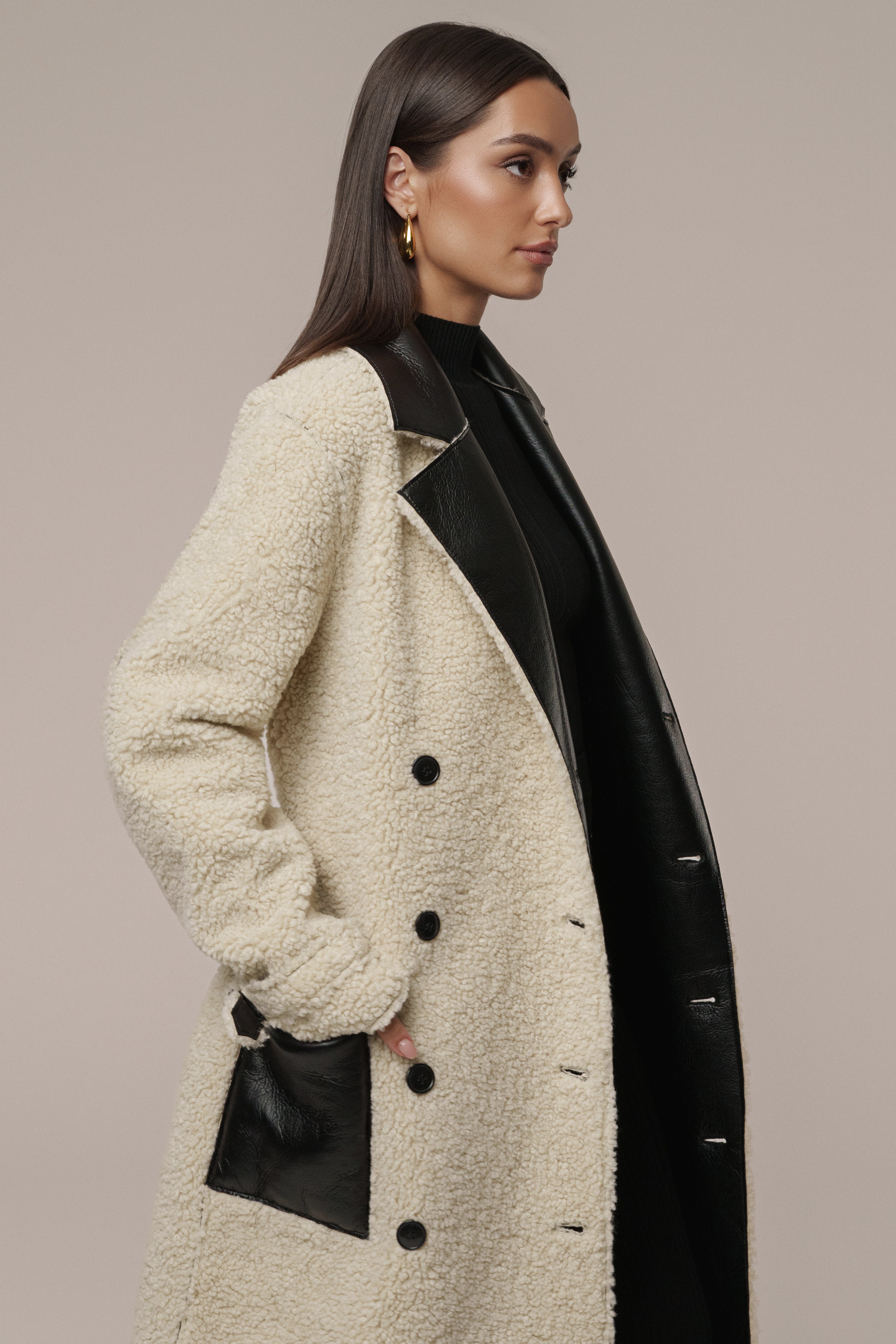 Black/Ivory Sherpa And Faux Leather Coat - JLUXLABEL