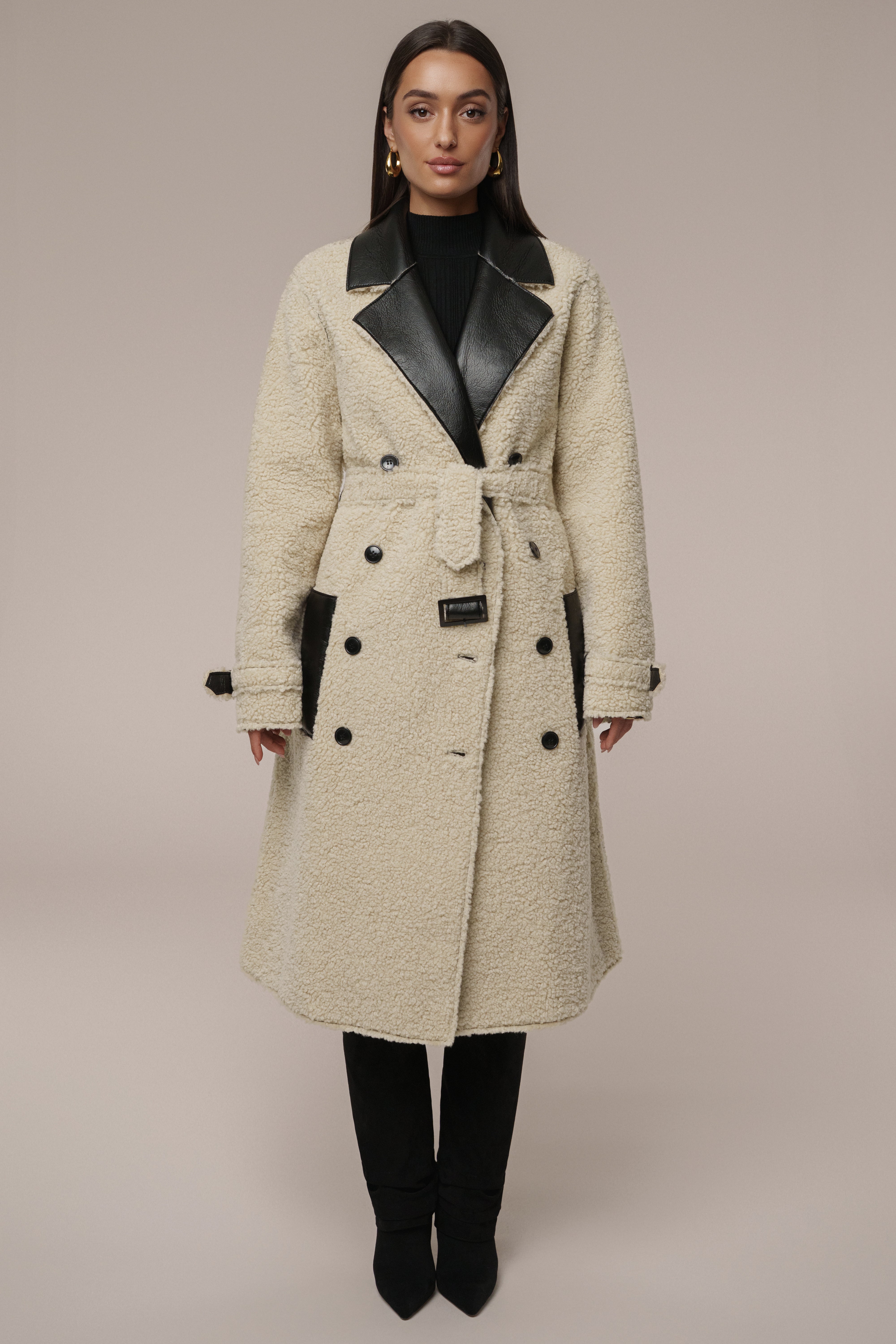Black/Ivory Sherpa And Faux Leather Coat - JLUXLABEL