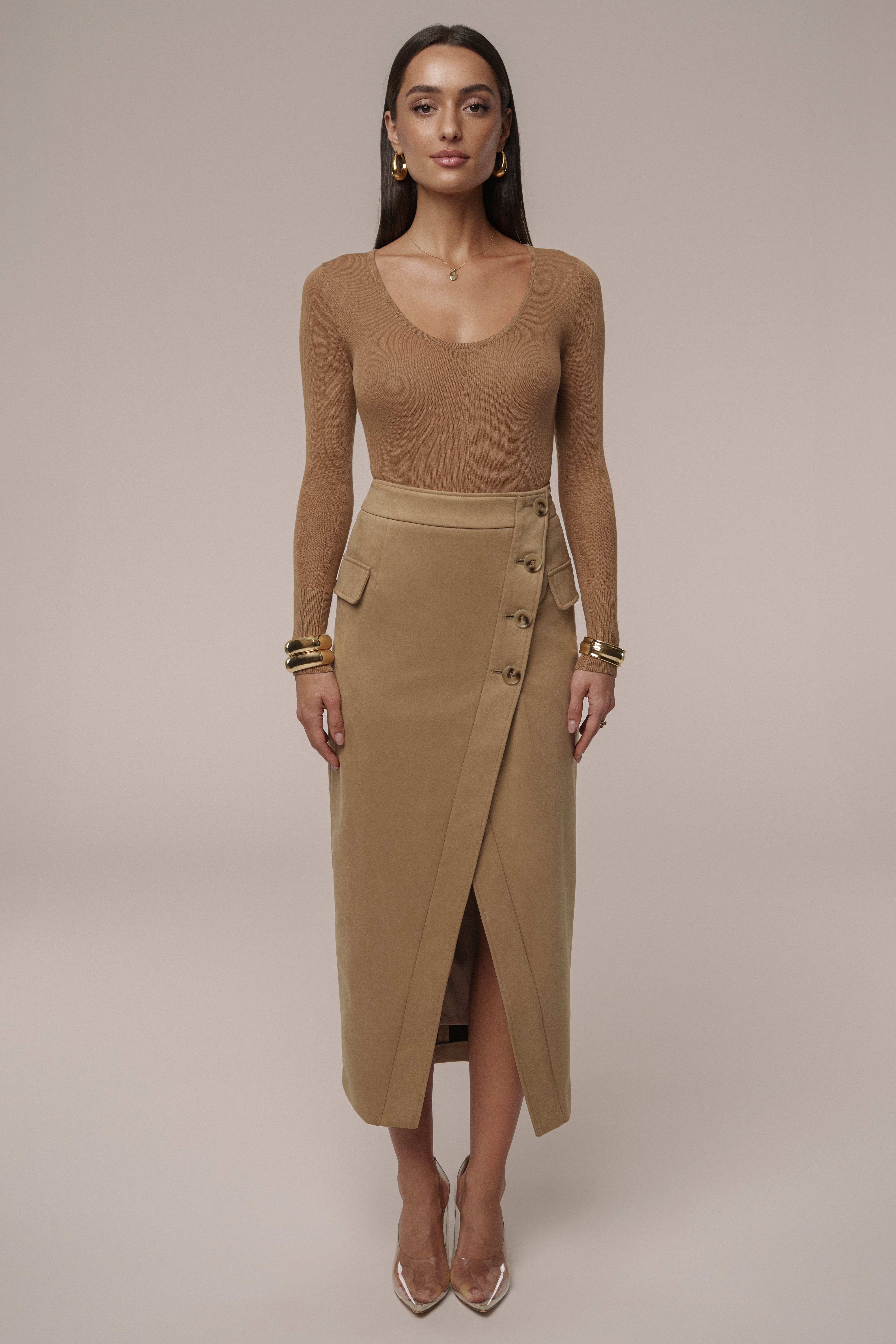 Beige Audrey Suede Midi Skirt - JLUXLABEL