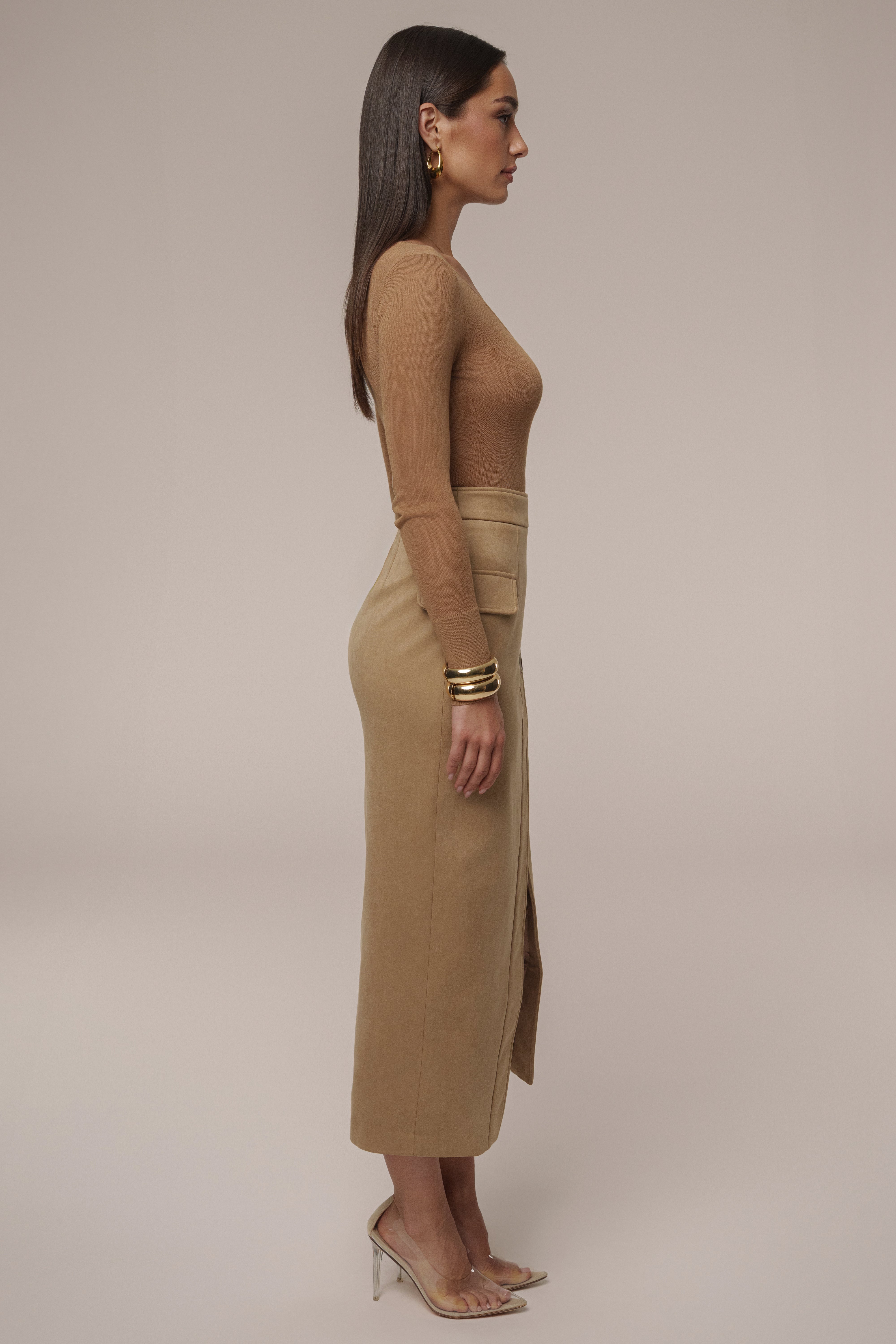 Beige Audrey Suede Midi Skirt - JLUXLABEL
