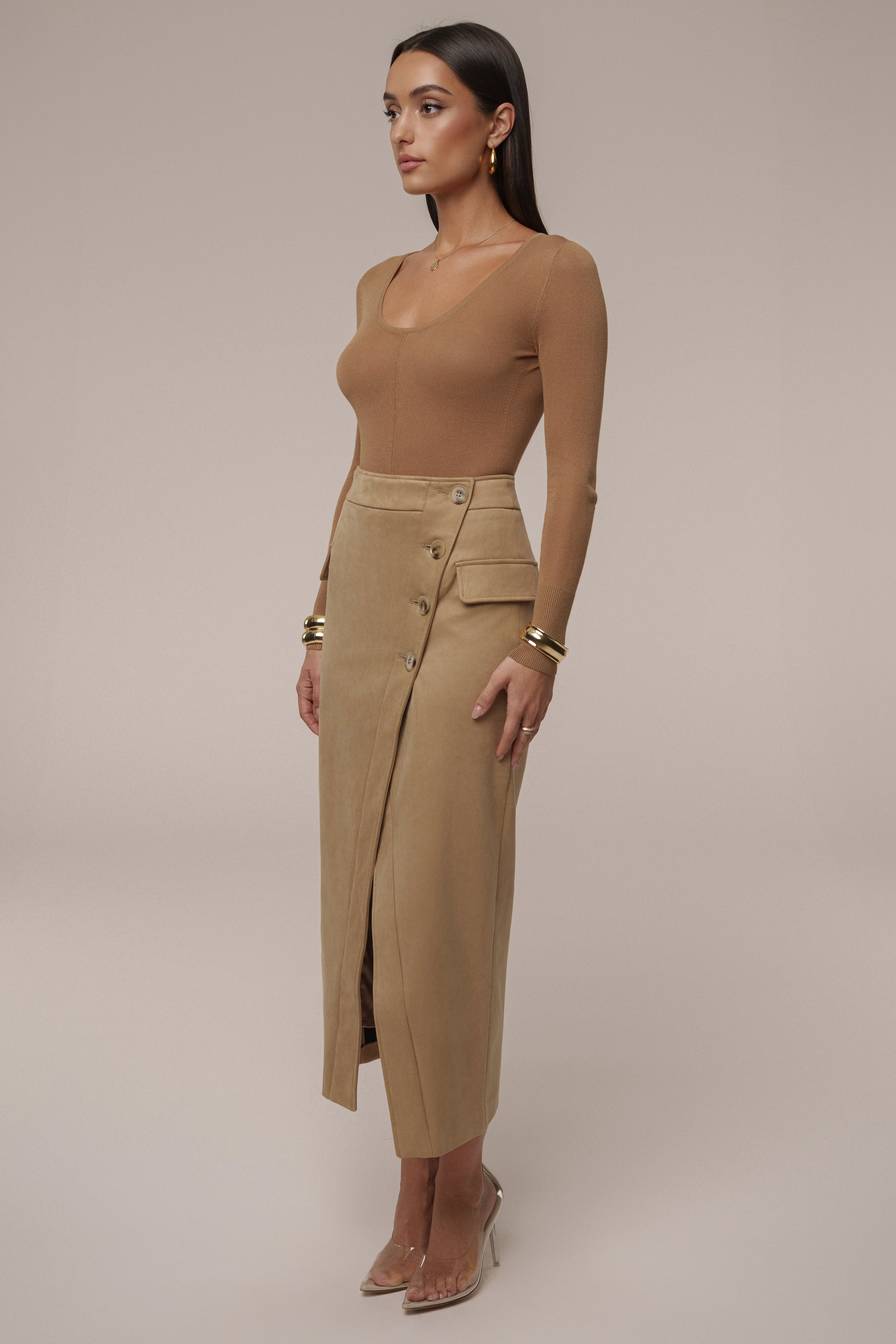 Beige Audrey Suede Midi Skirt - JLUXLABEL