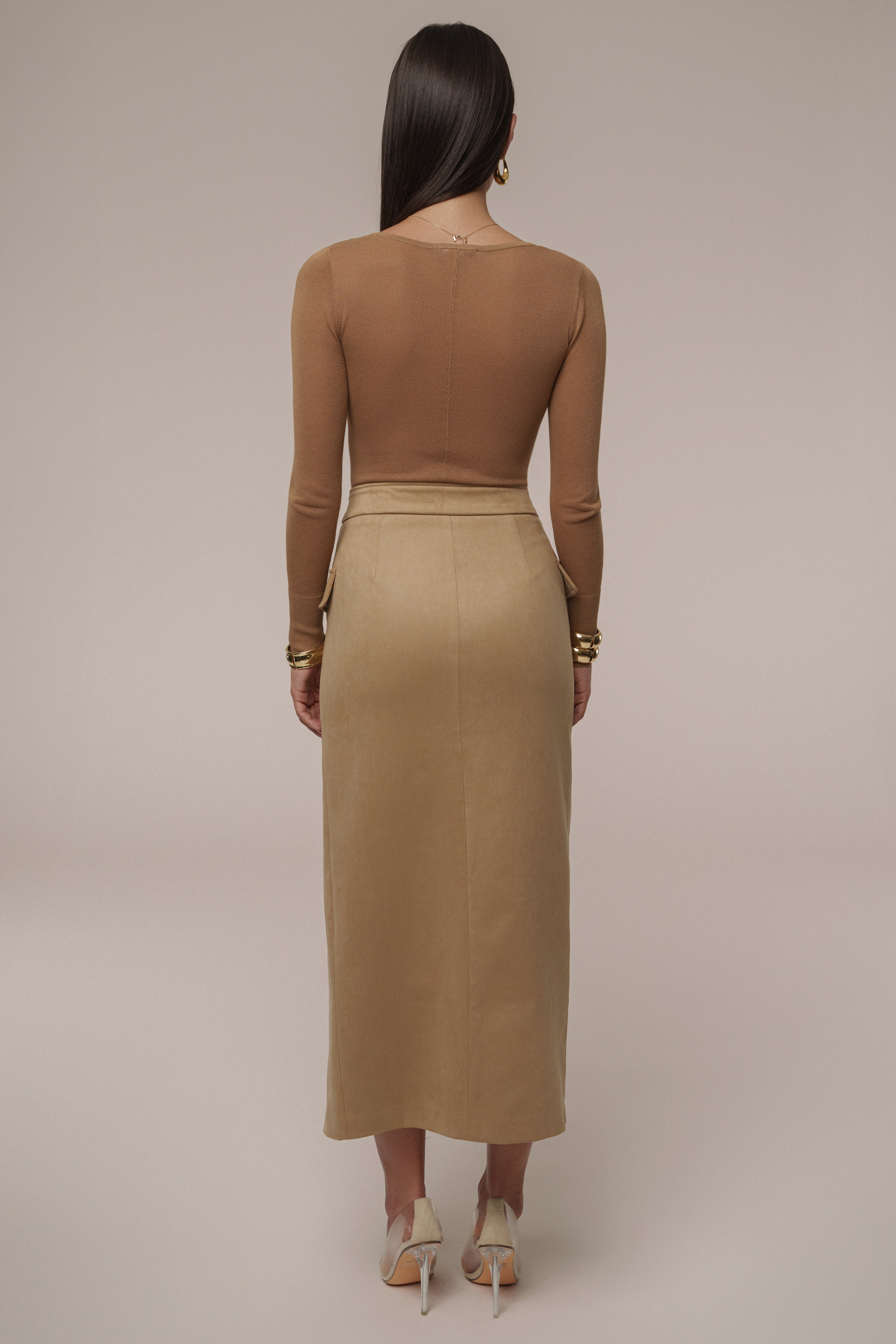 Beige Audrey Suede Midi Skirt - JLUXLABEL