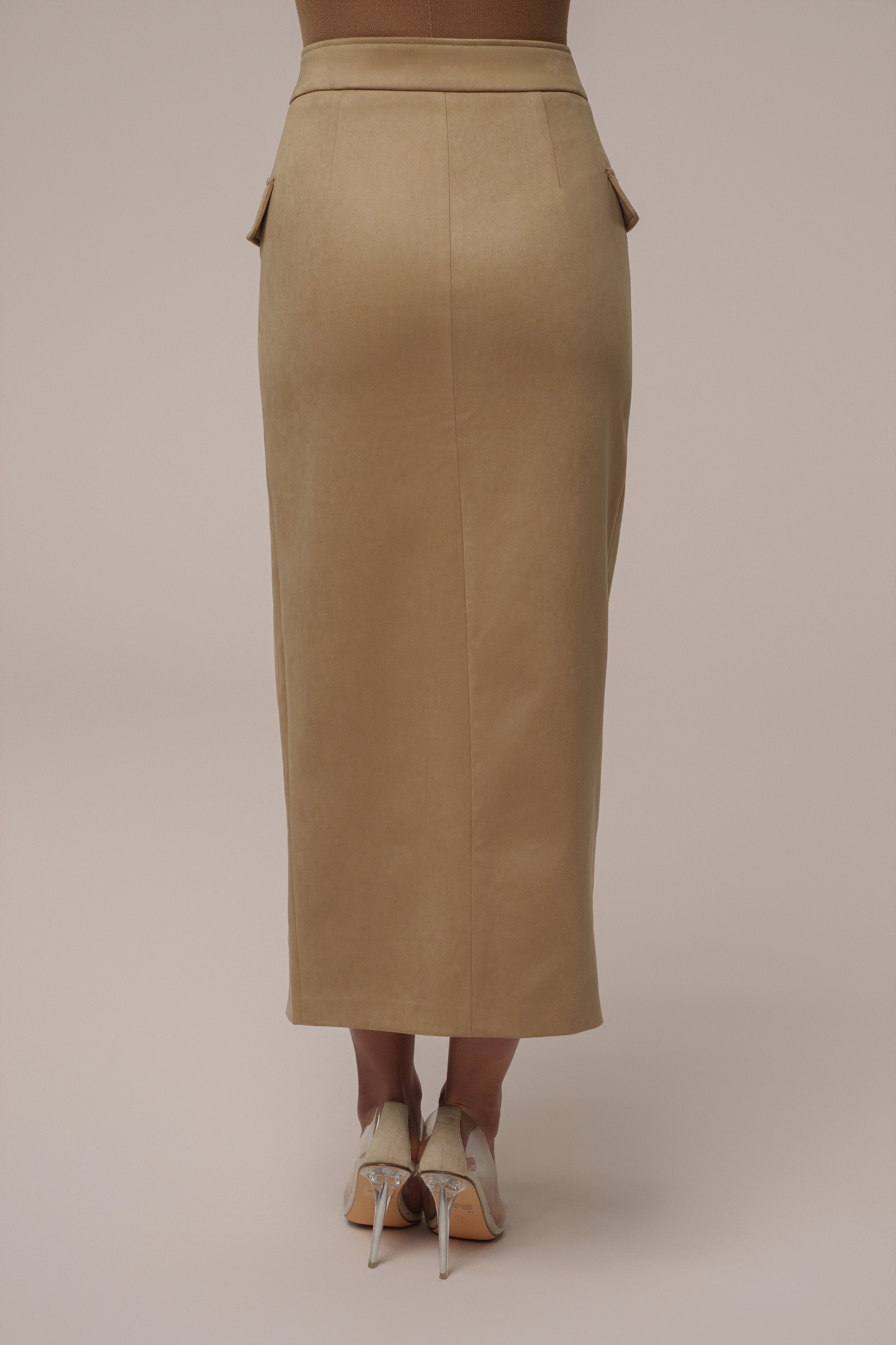 Beige Audrey Suede Midi Skirt - JLUXLABEL