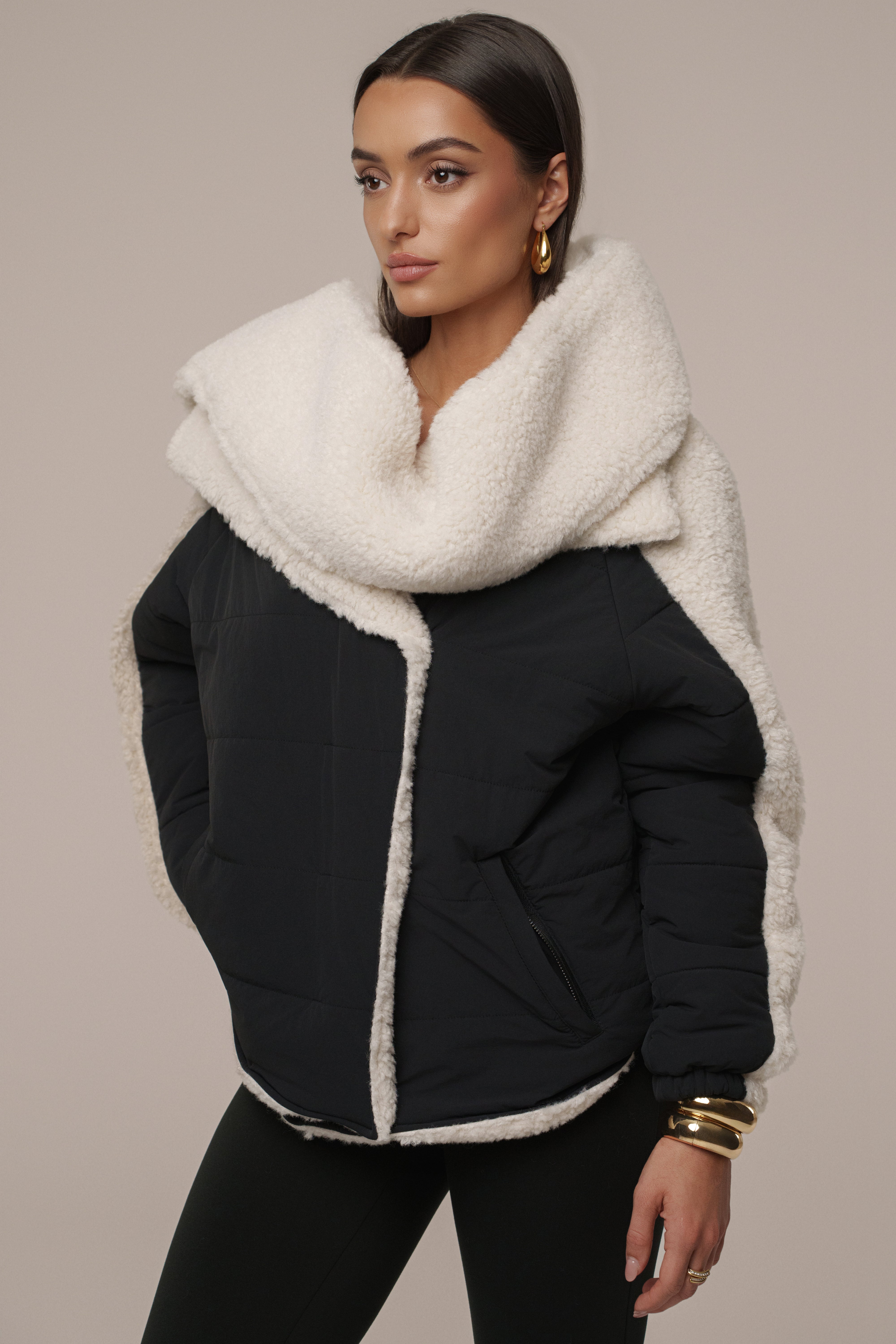 Black/Ivory Contrast Sherpa Jacket - JLUXLABEL