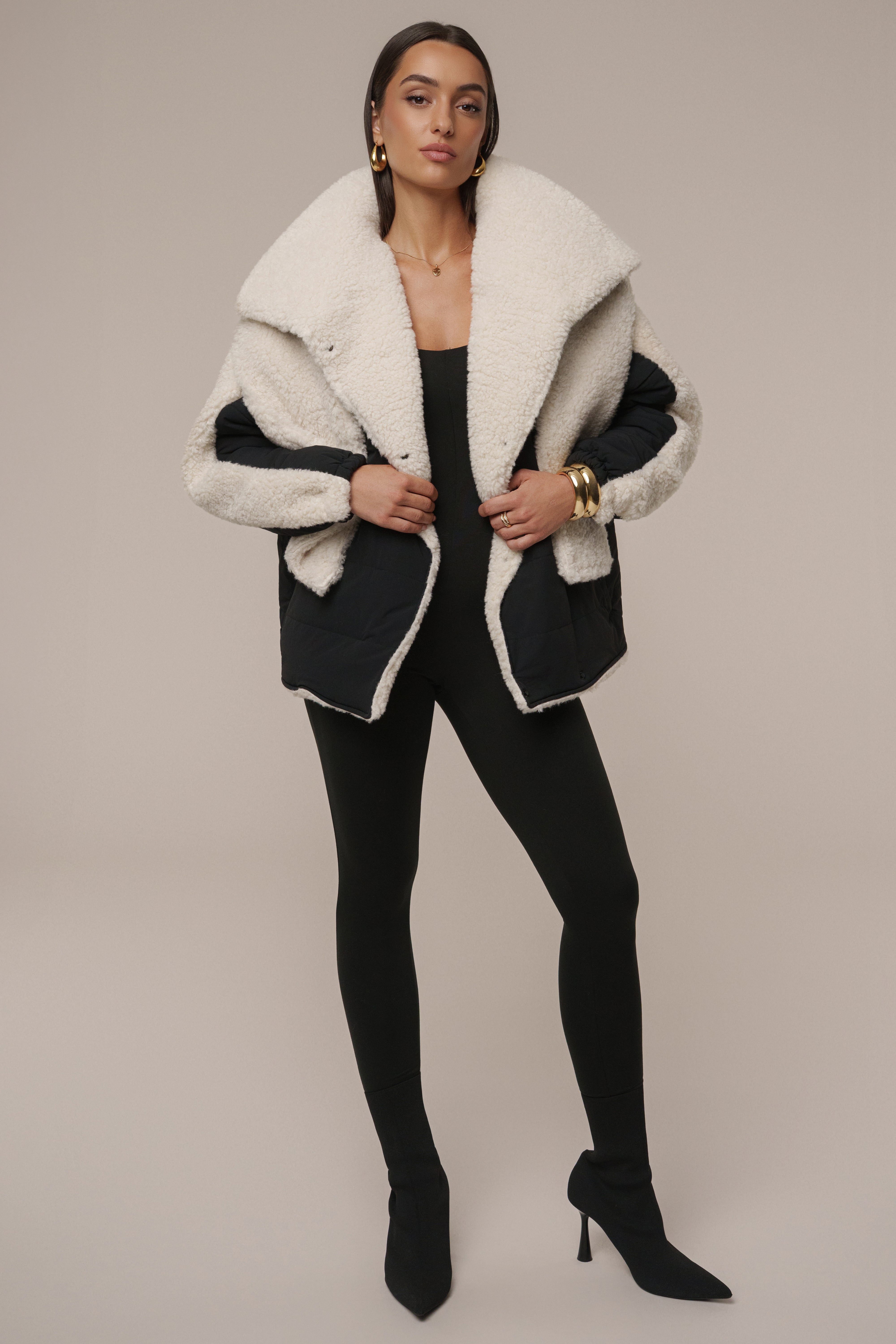 Black/Ivory Contrast Sherpa Jacket - JLUXLABEL