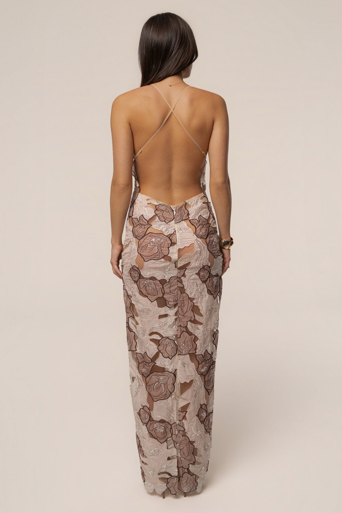Beige Bare Glow Plunge Maxi Dress
