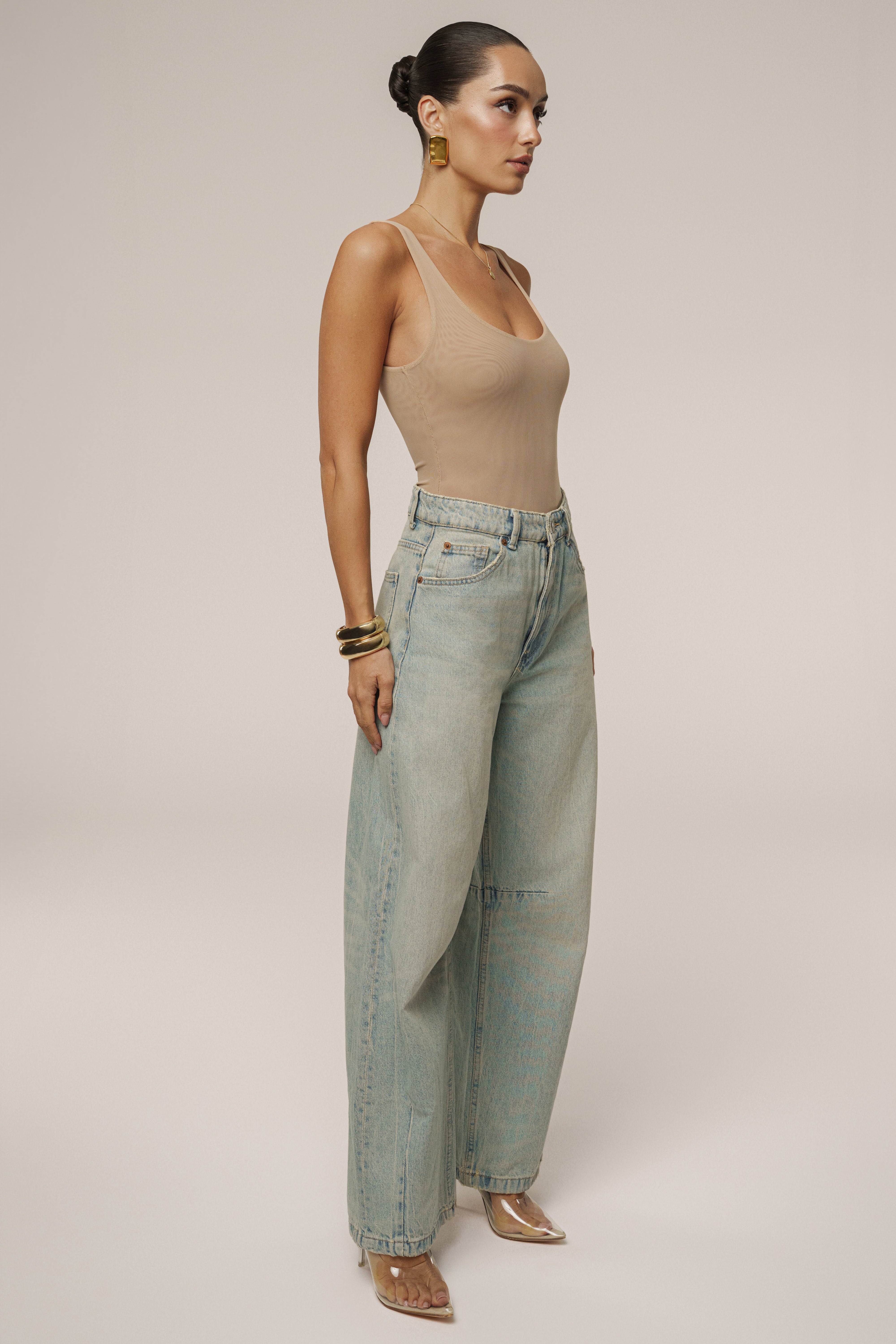 Beige Mesh Essentials Tank Bodysuit Undergarment - JLUXLABEL