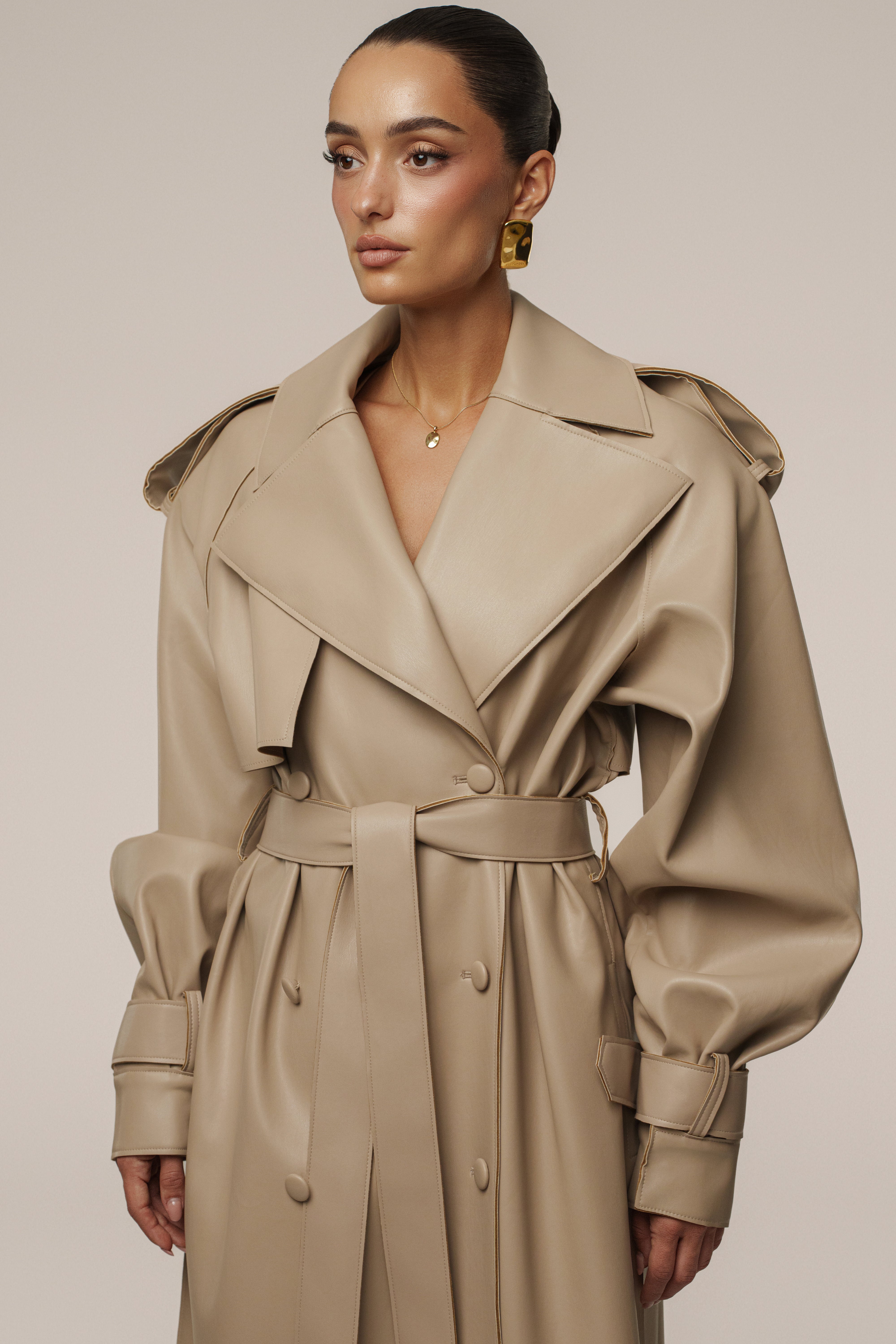 Tan The Icon PU Leather Coat - JLUXLABEL