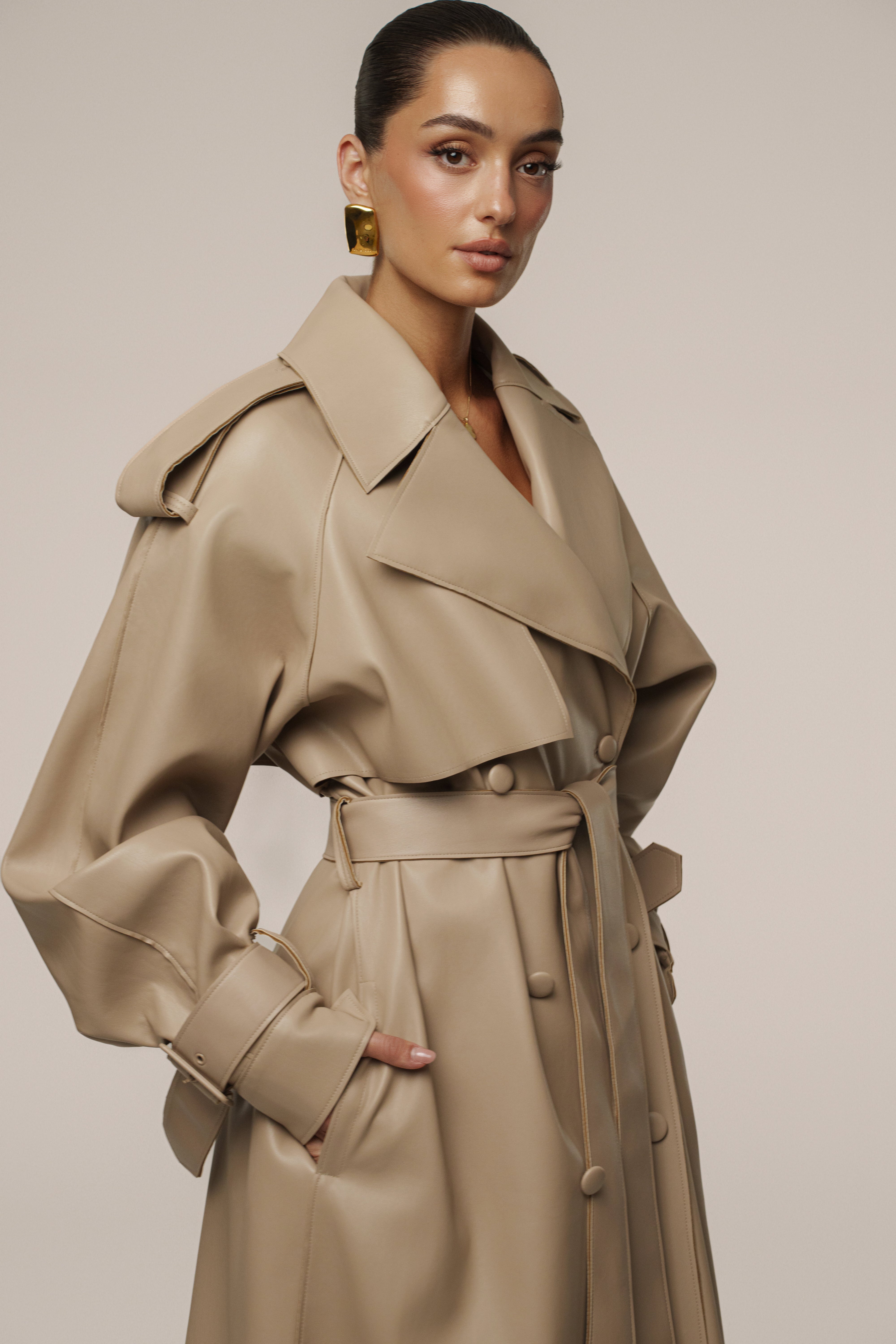 Tan The Icon PU Leather Coat - JLUXLABEL