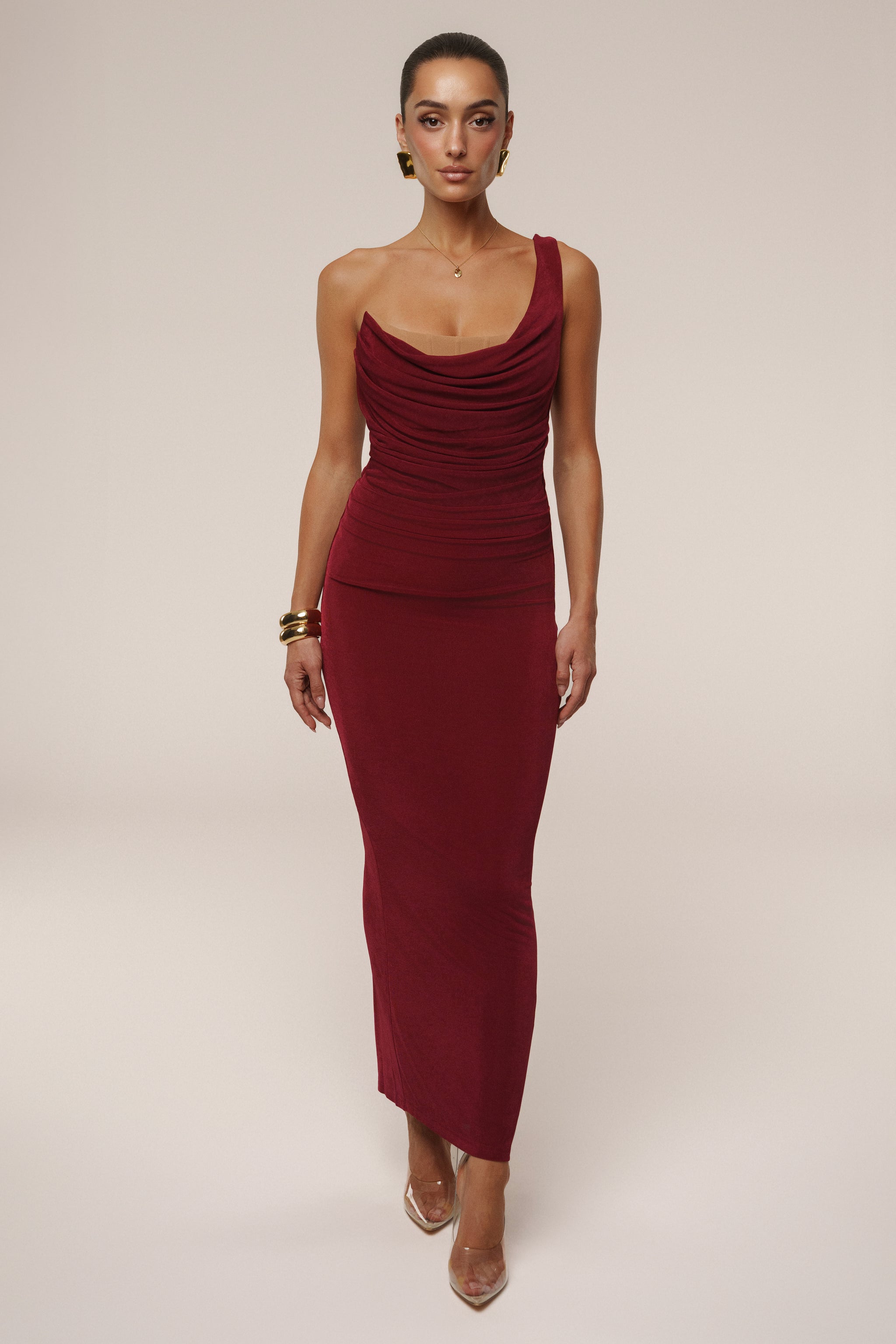 Burgundy Slinky Krishna One Shoulder Maxi Dress