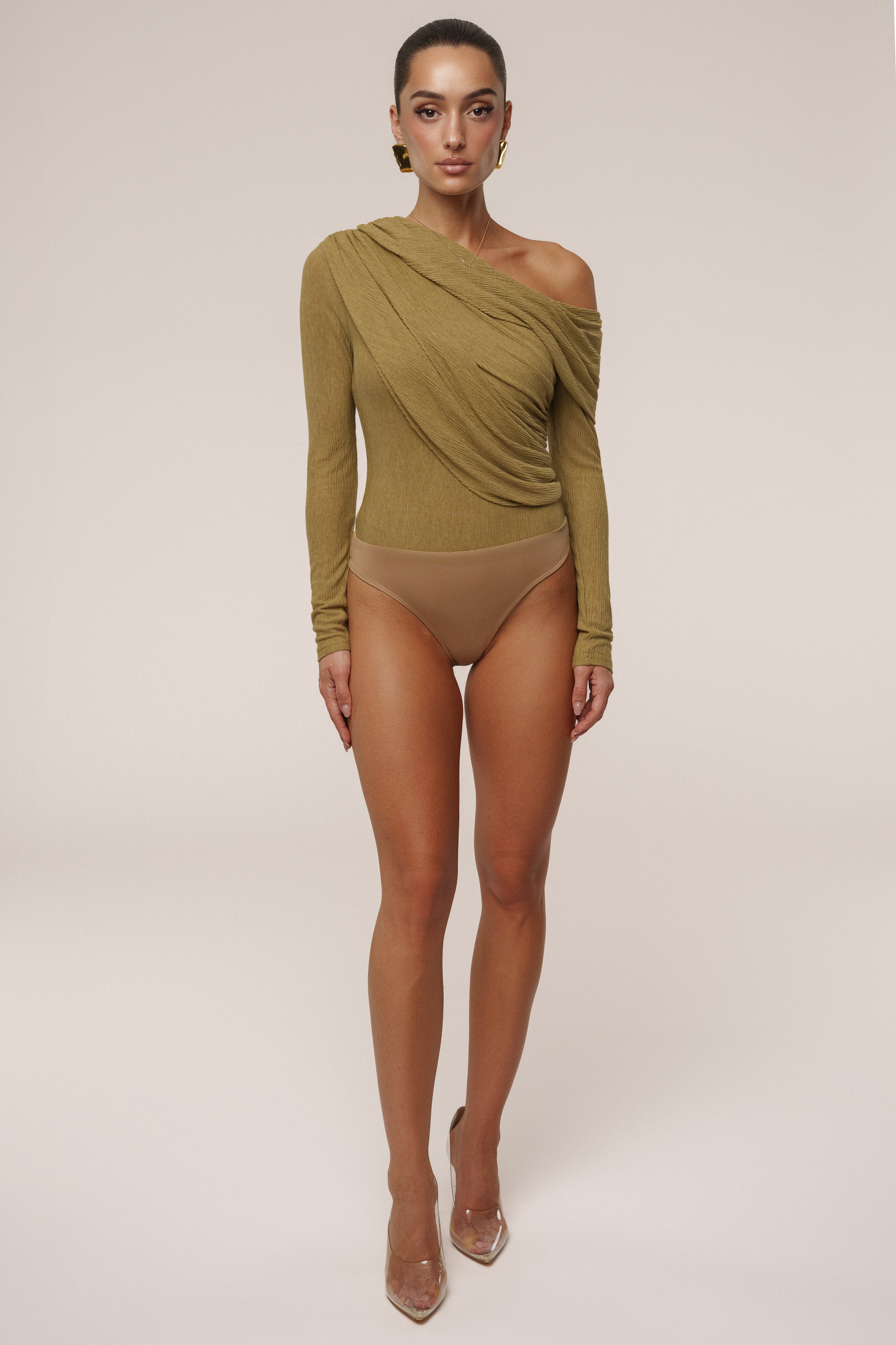 Moss Textured One Shoulder Bodysuit - JLUXLABEL